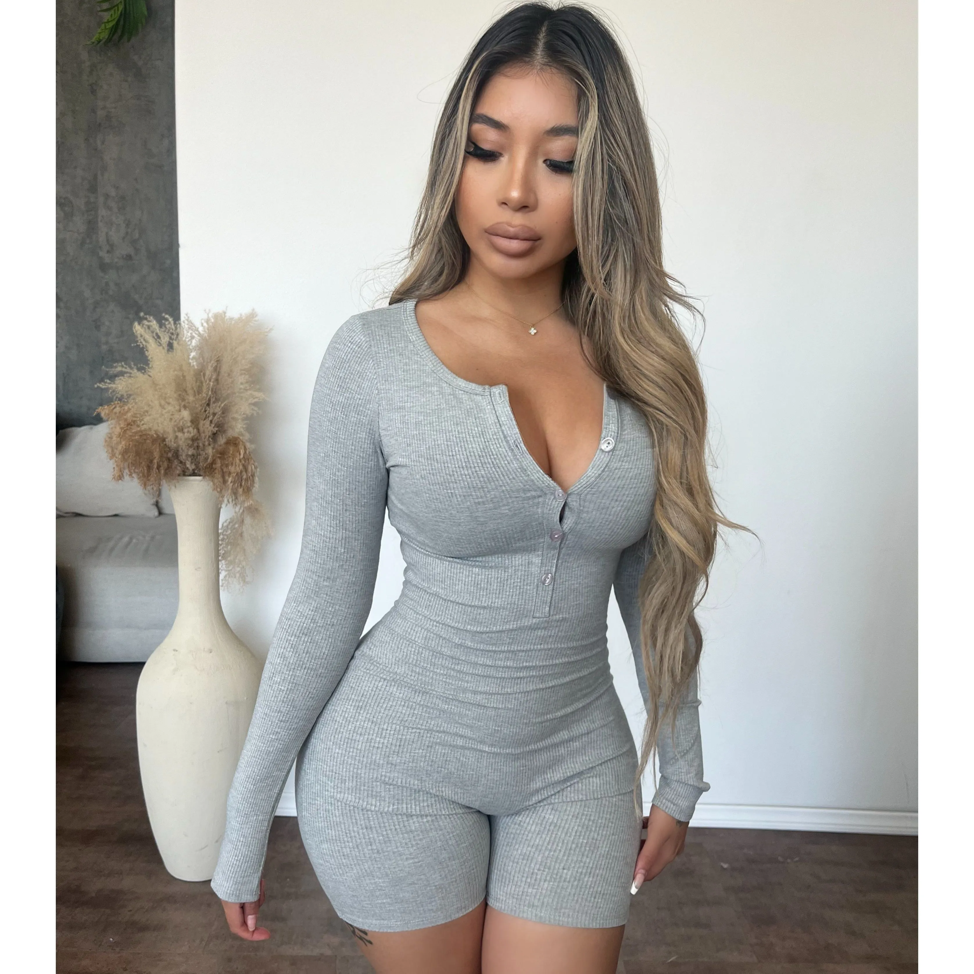 Bailey Button Up Romper (Heather Grey) sold by OOTDFash