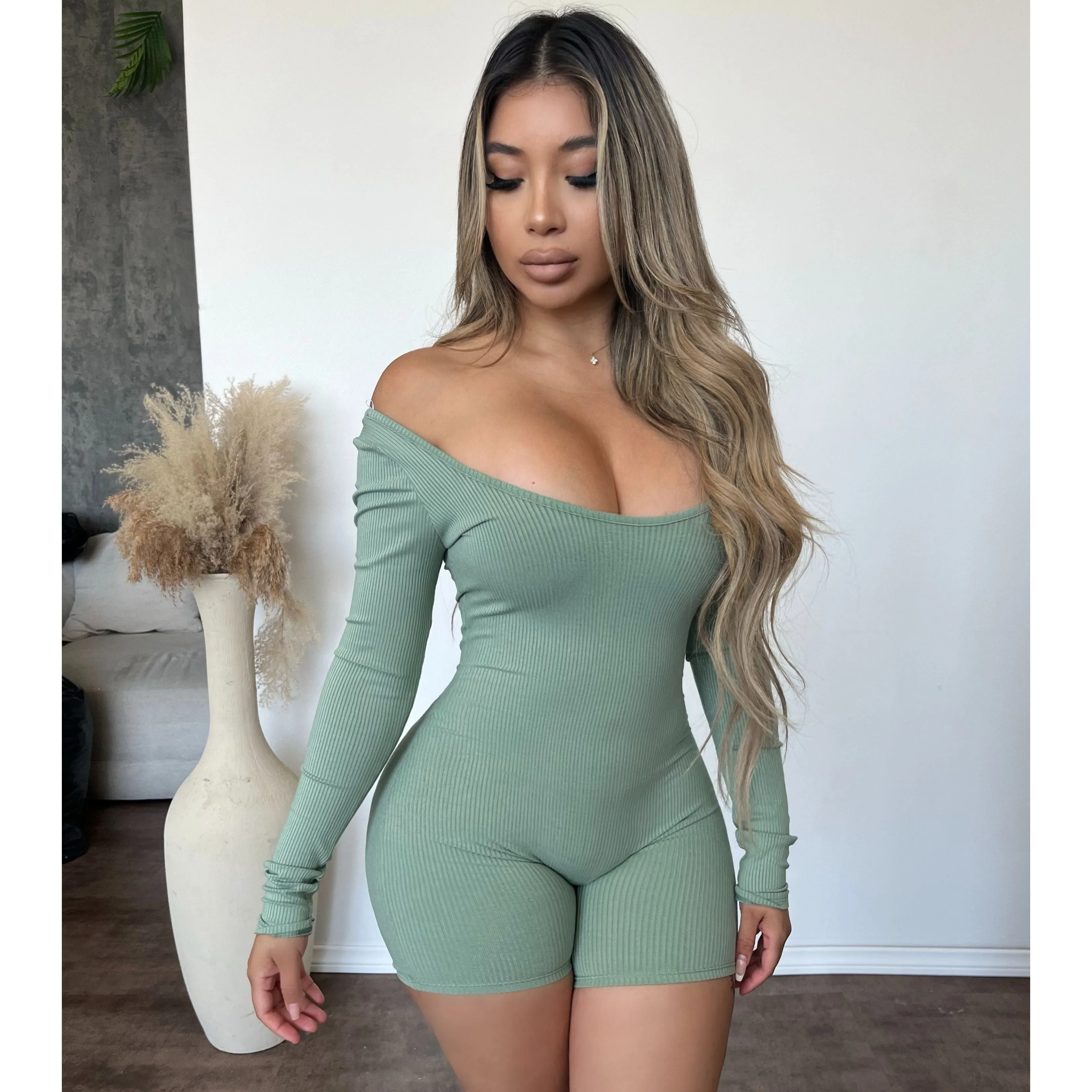 Casandra Long Sleeve Romper (Light Green) sold by OOTDFash