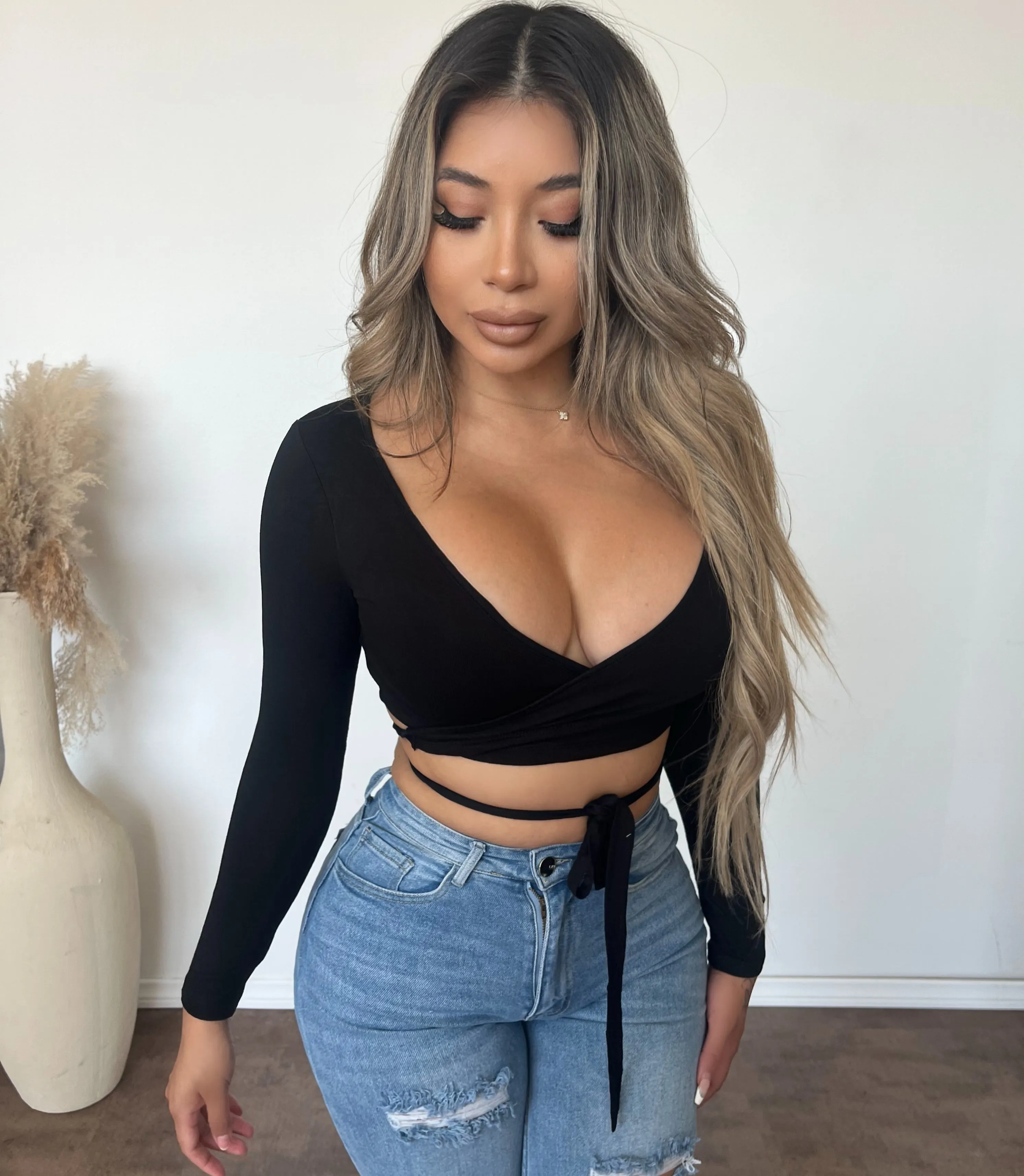 Lyla V Neck Long Sleeve Top (Black) sold by OOTDFash