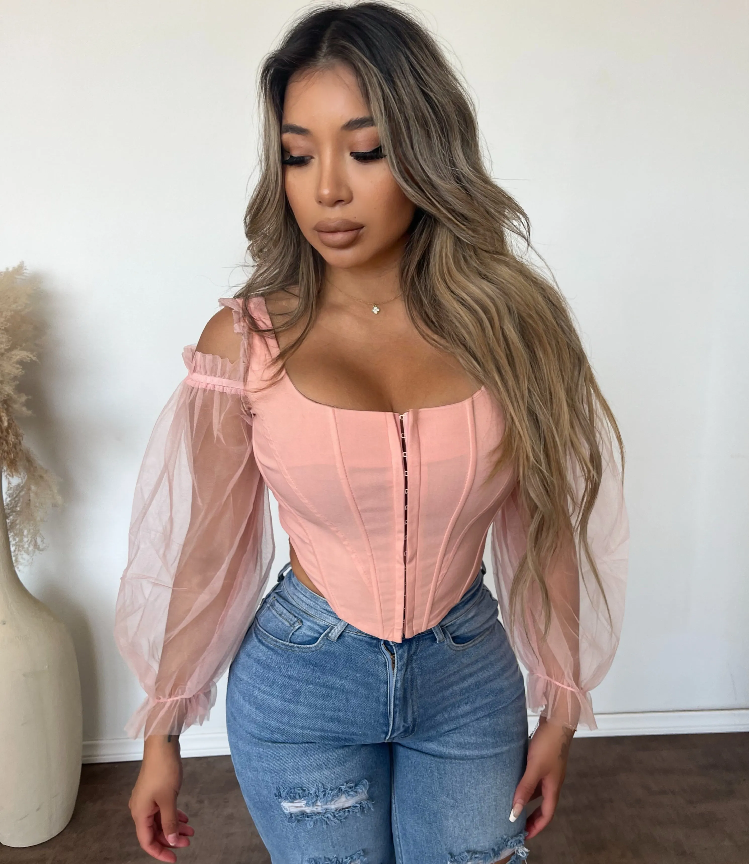 Sadie Long Sleeve Mesh Top (Light Pink) sold by OOTDFash