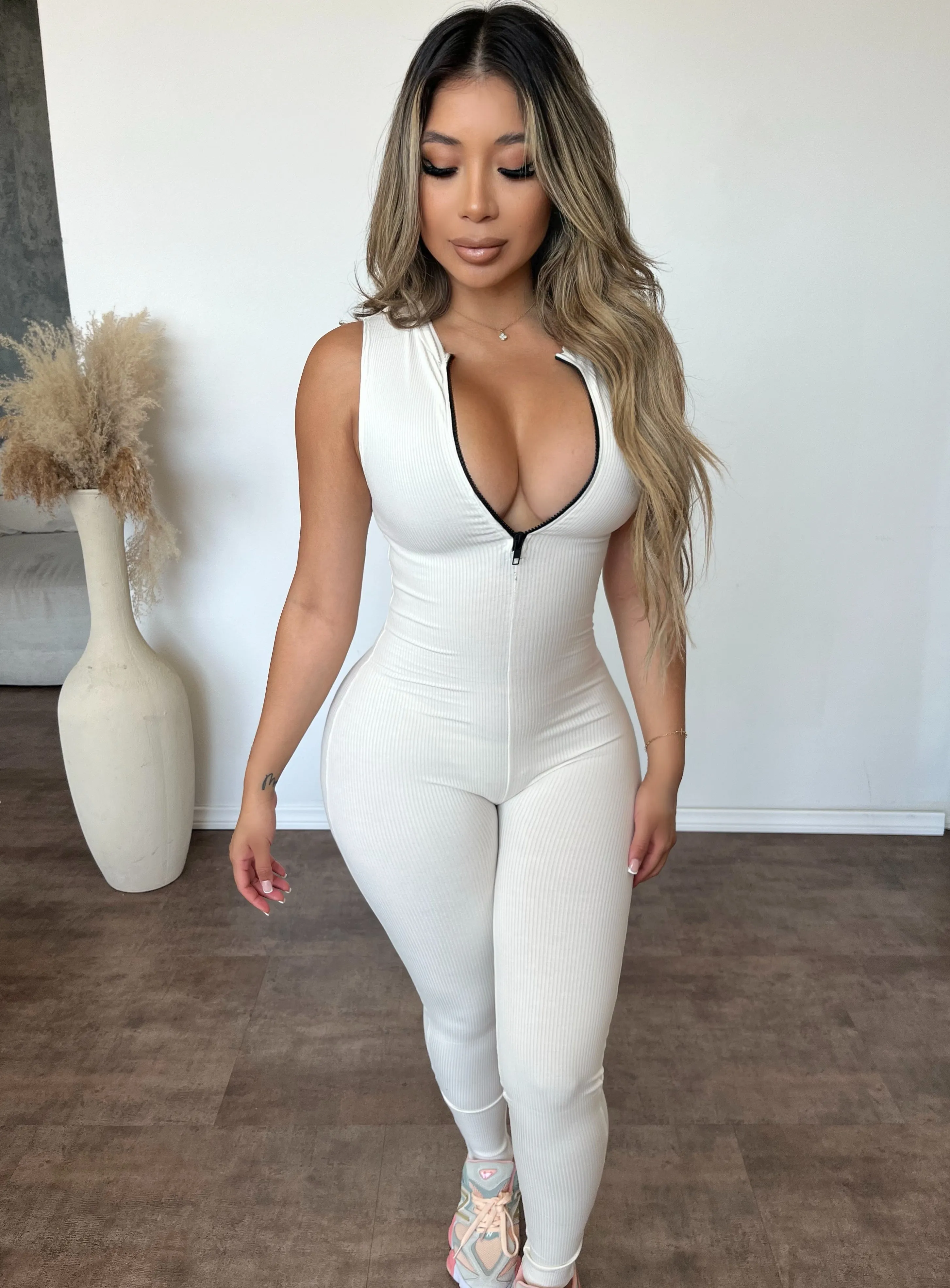 Oakley Zip Up Snatched Jumpsuit (Off White) sold by OOTDFash