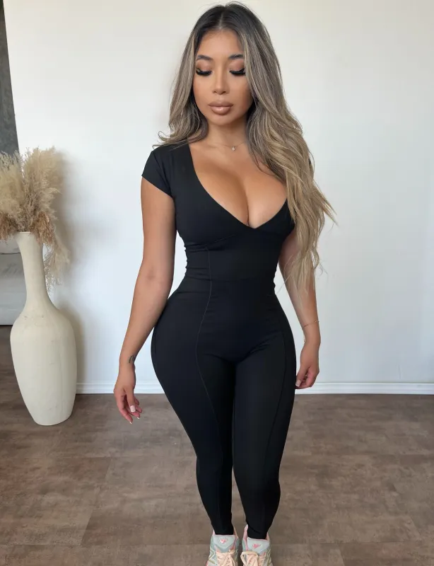 Isabella V Neck Jumpsuit (Black) sold by OOTDFash