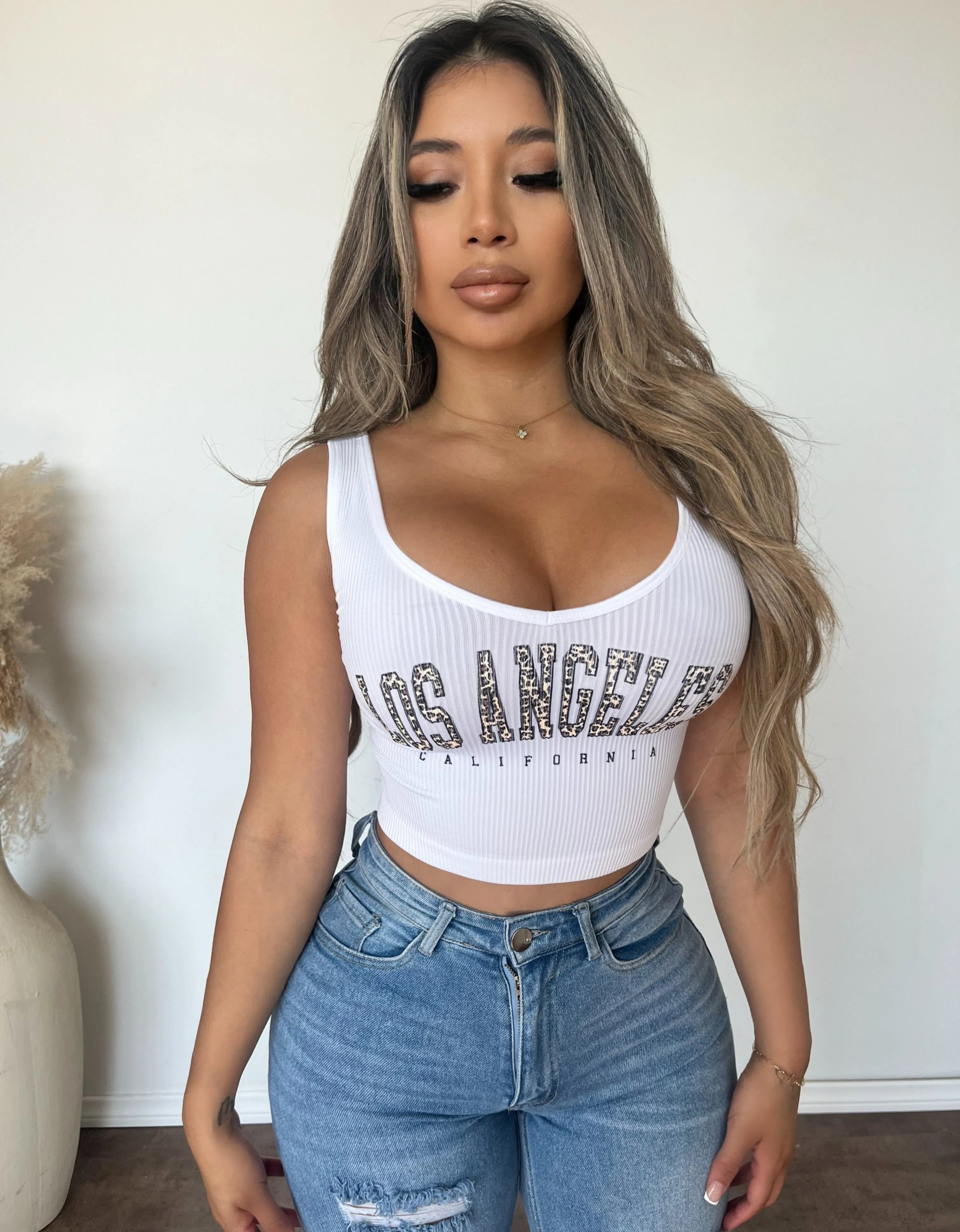 Eva Ribbed Square Back Los Angeles Tank Top (White) sold by OOTDFash