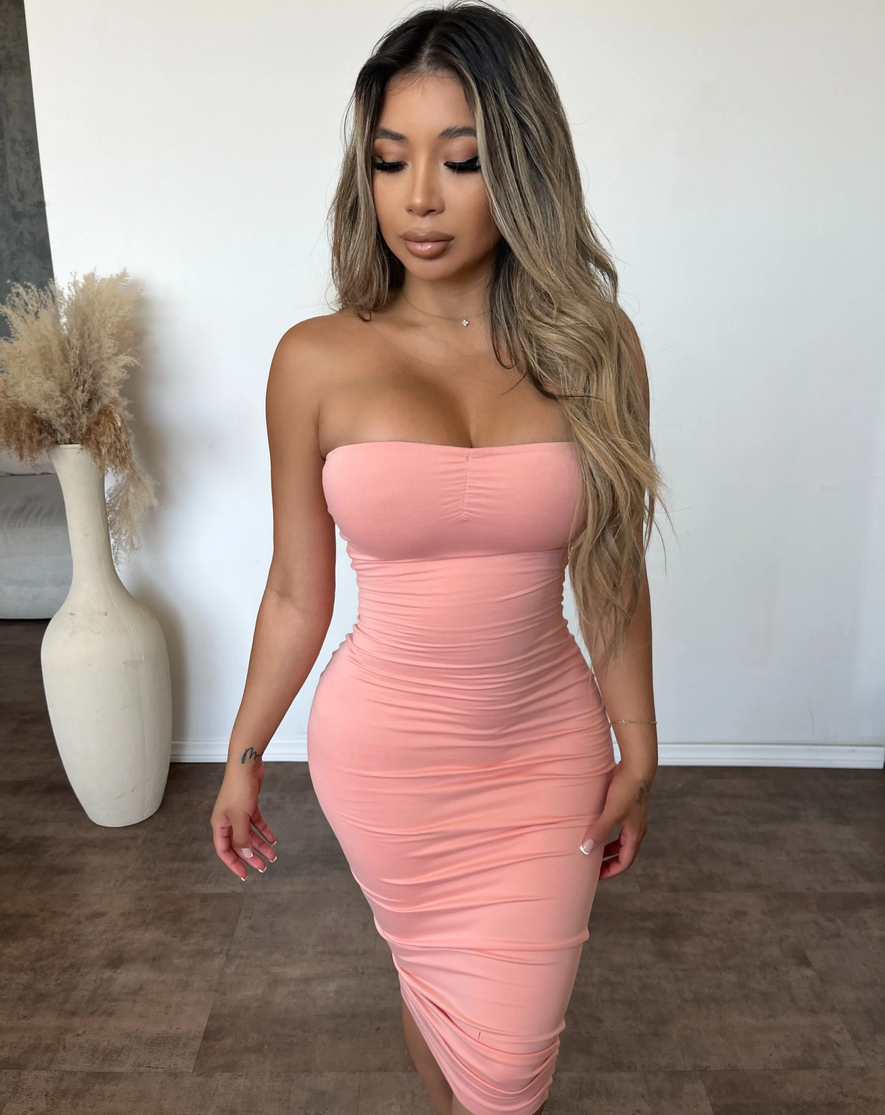 Hannah Long Tube Dress (Peach) sold by OOTDFash