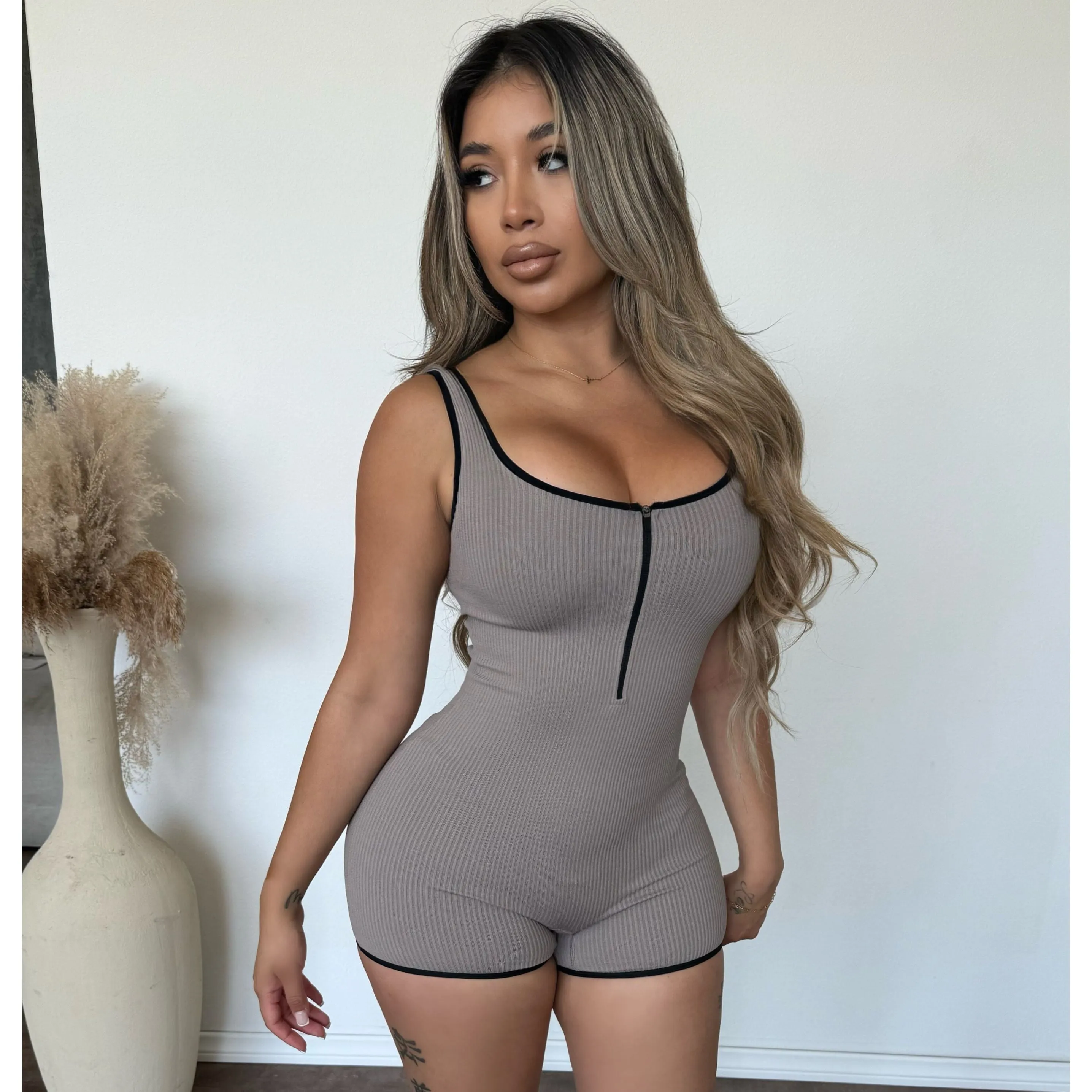 Casandra Front Zipper Romper (Ash) sold by OOTDFash
