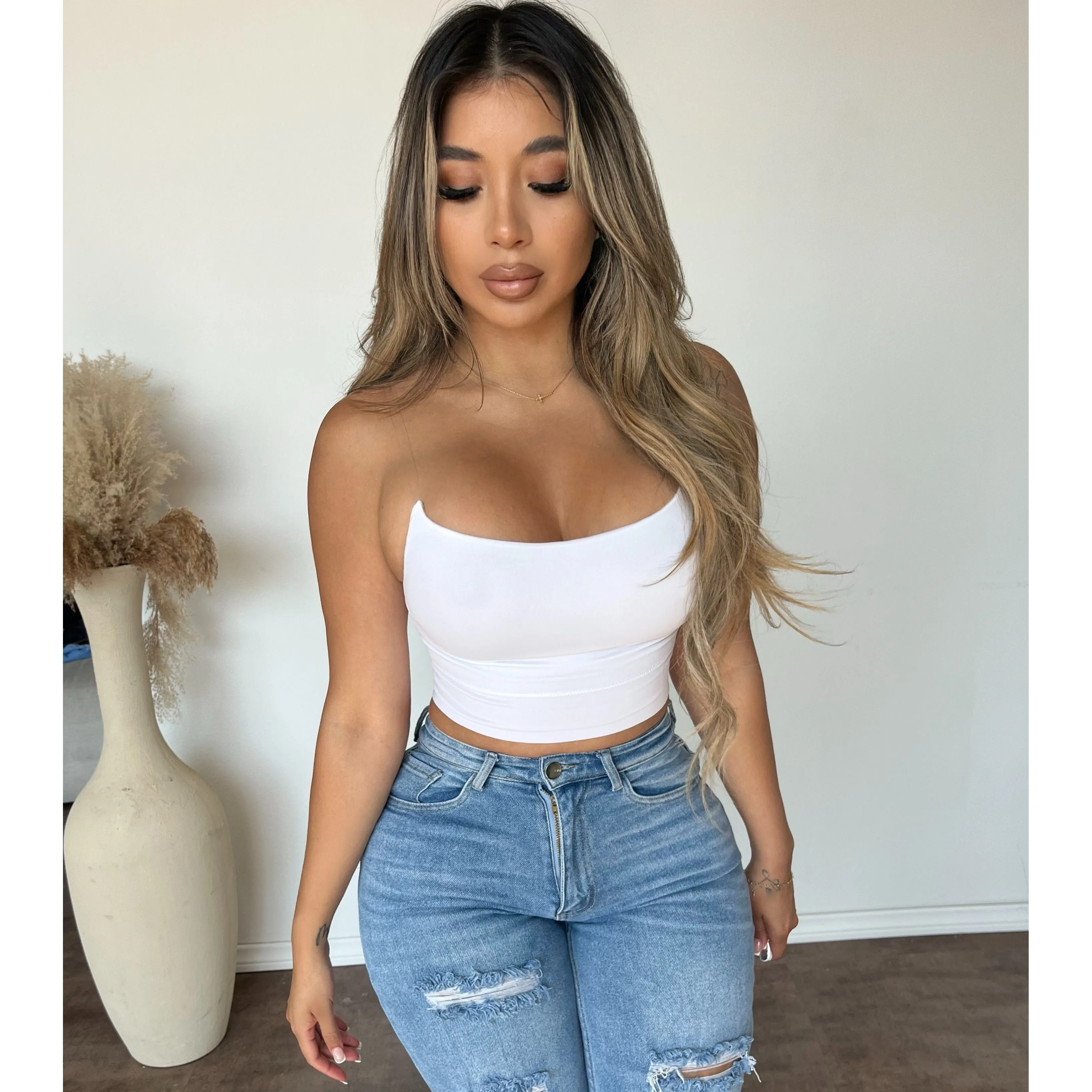 Alyssa Sleeveless Top W Clear Shoulder Strap (White) sold by OOTDFash