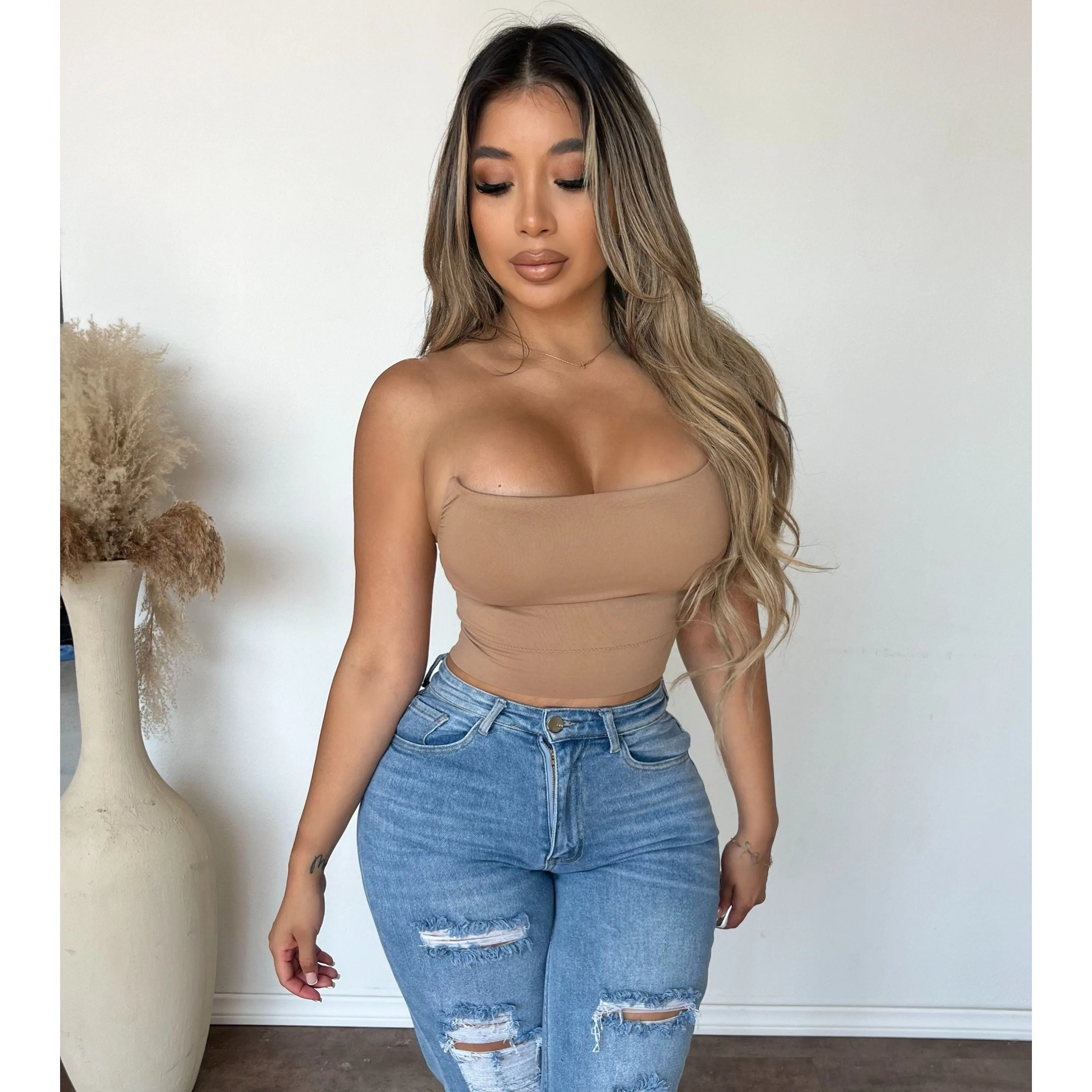 Alyssa Sleeveless Top W Clear Shoulder Strap (Mocha) sold by OOTDFash