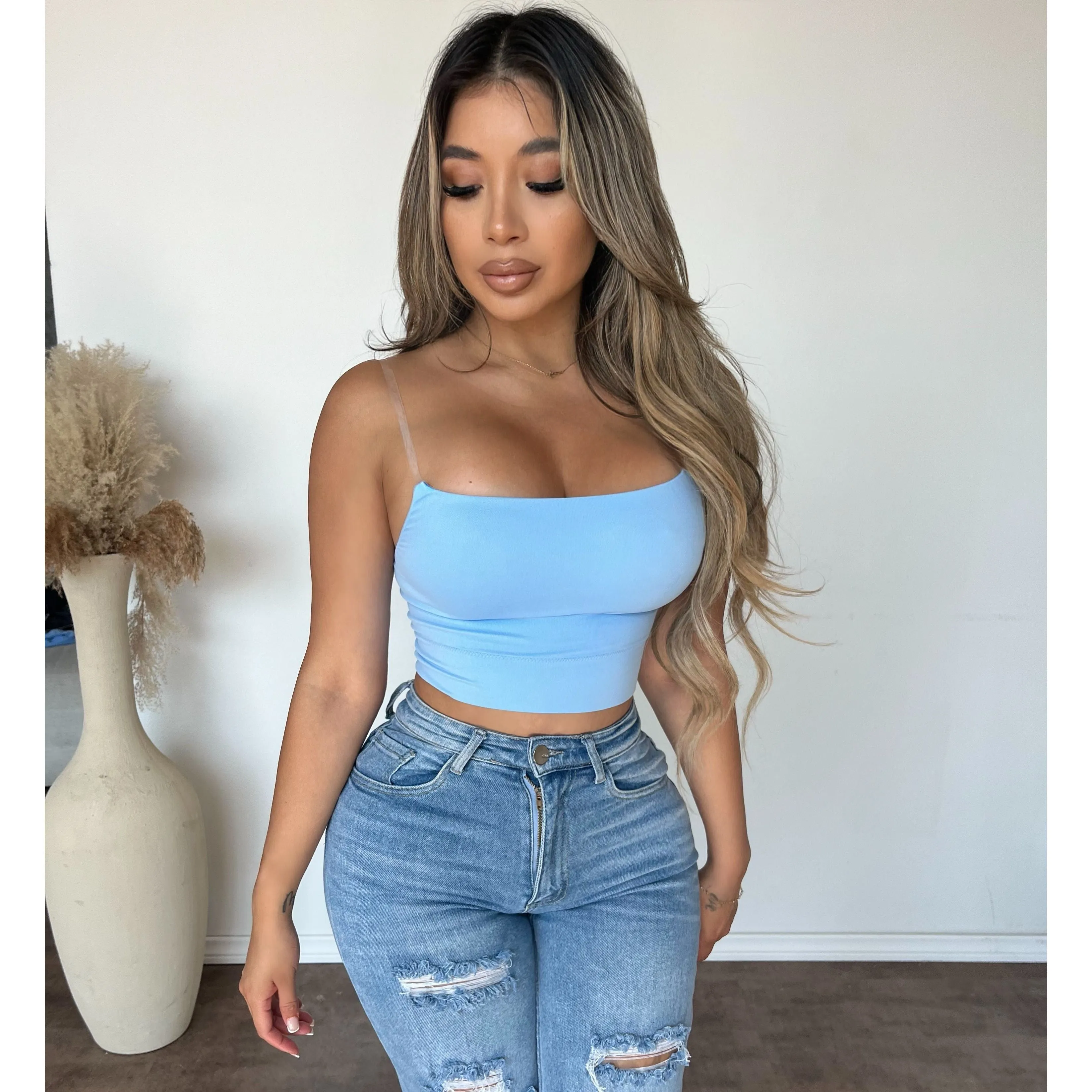 Alyssa Sleeveless Top W Clear Shoulder Strap (Marina Blue) sold by OOTDFash