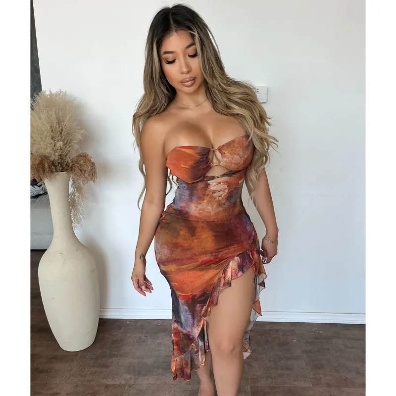 Yuda Mesh Dtp Print Dress (Rust) sold by OOTDFash