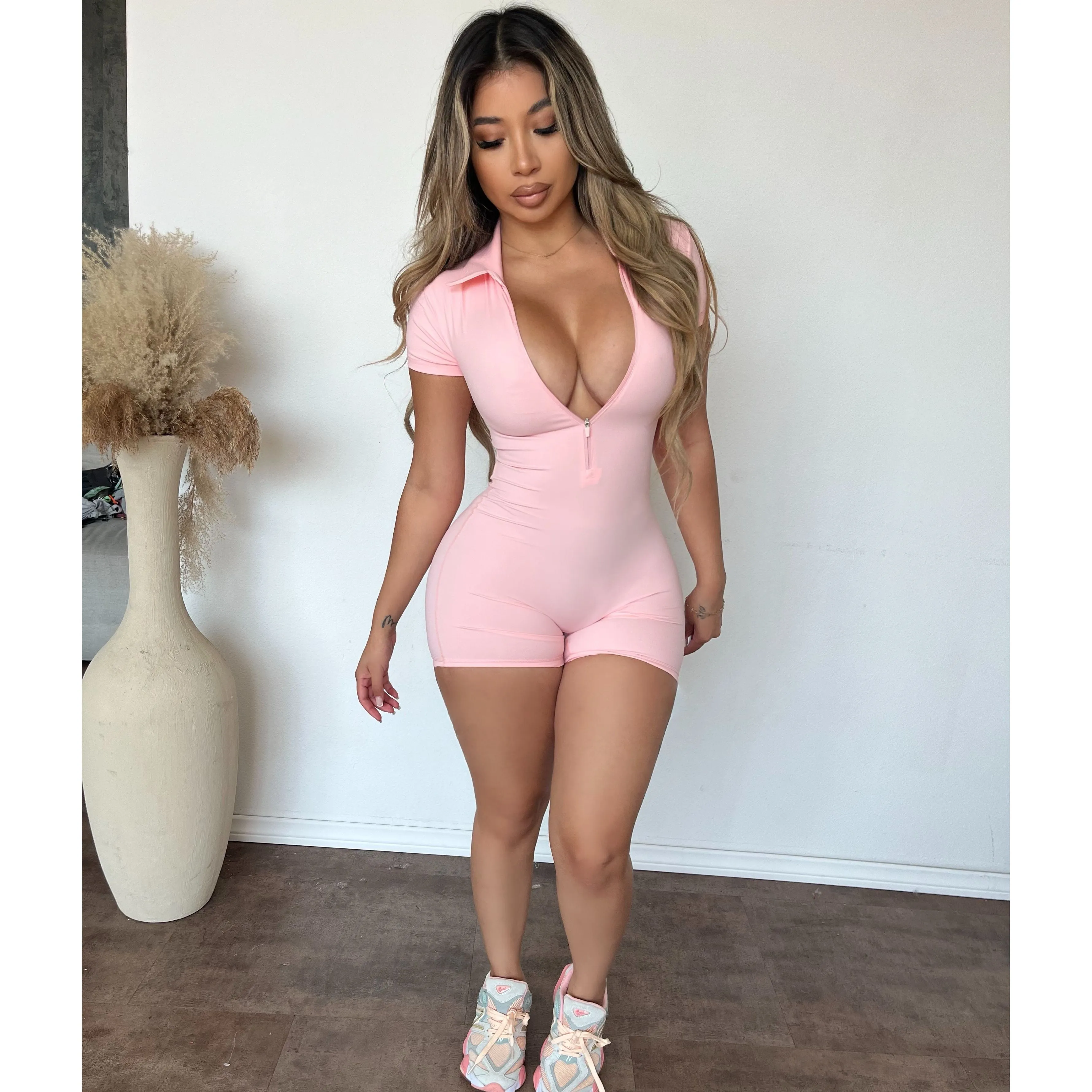 Karla Zip Up Polo Romper (Crystal Pink) sold by OOTDFash