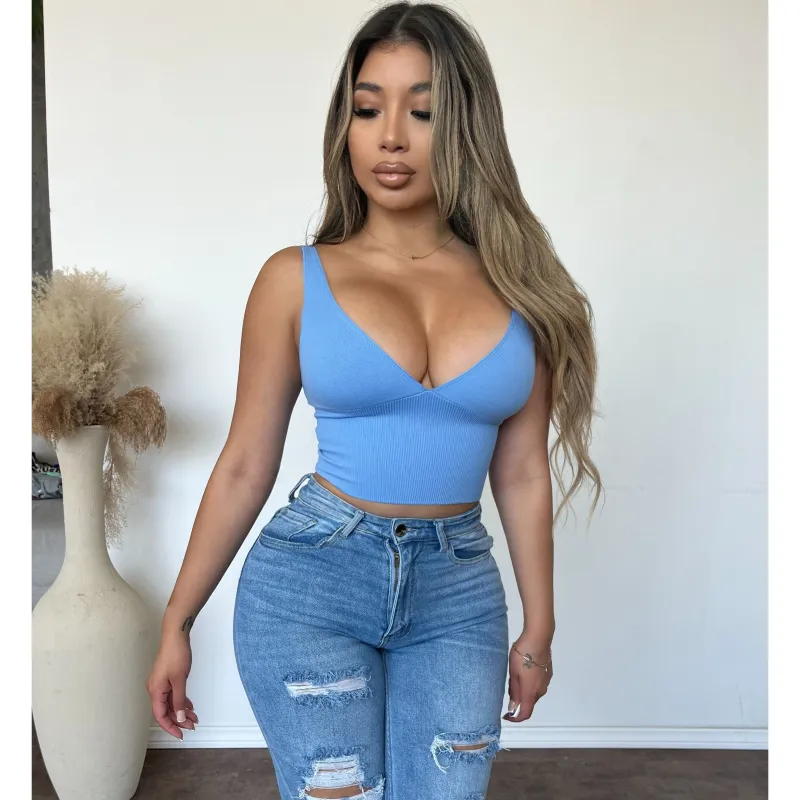 Emily V Neck Crop Top (Dusty Blue) sold by OOTDFash