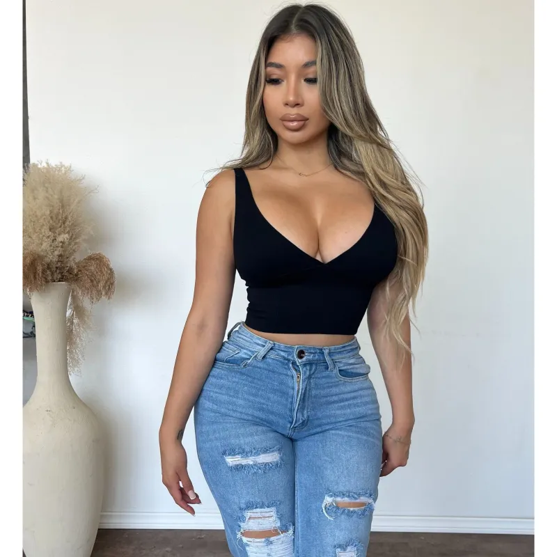 Emily V Neck Crop Top (Black) sold by OOTDFash