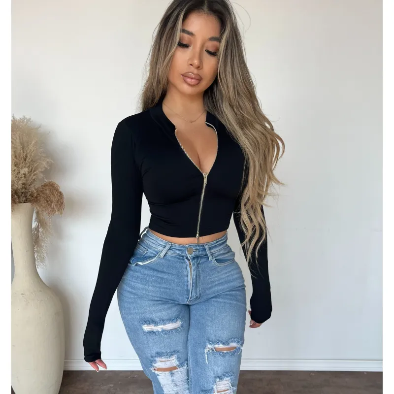 Stacy Long Sleeve Zip Up Top (Black) sold by OOTDFash