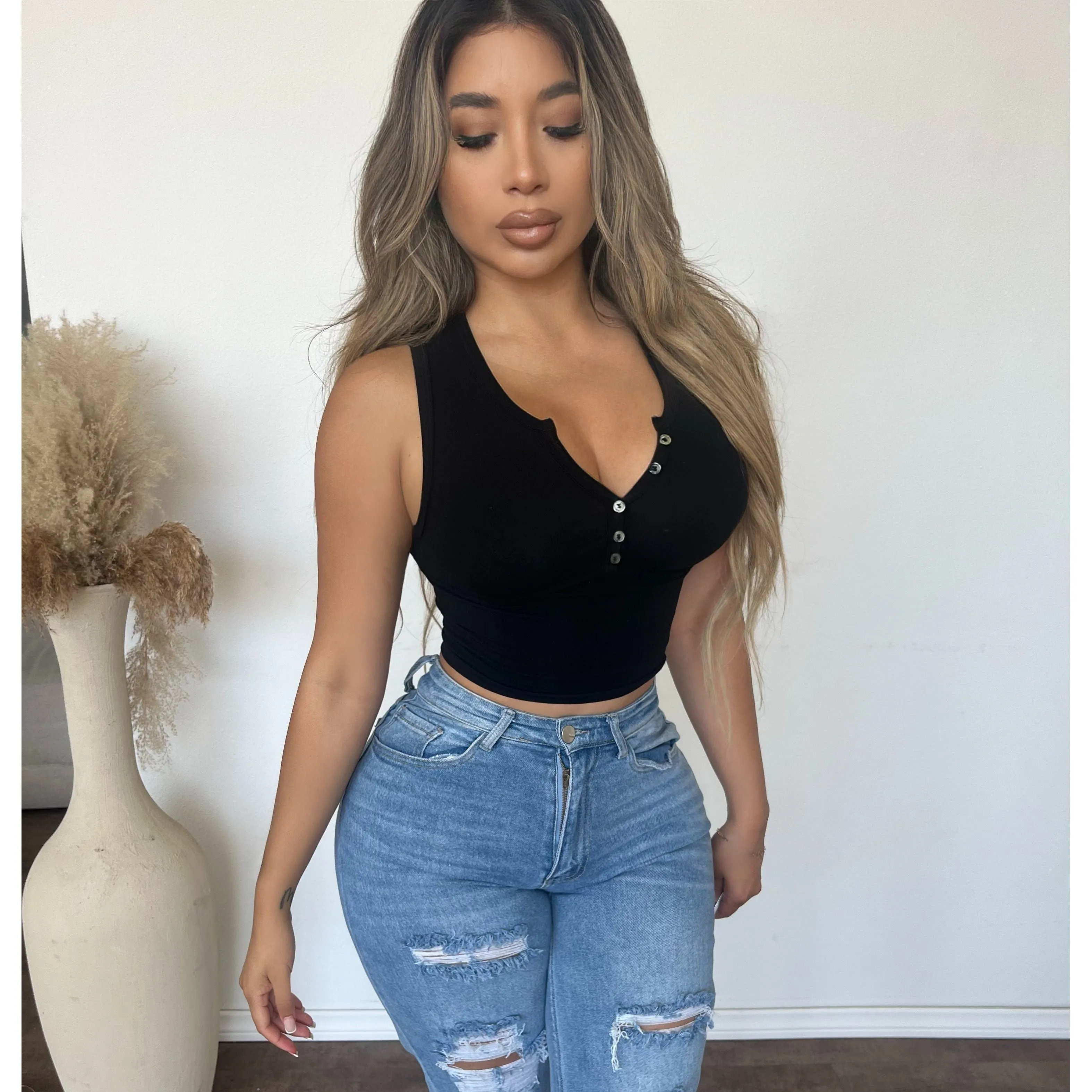 Bianca Henley Tank Top (Black) sold by OOTDFash