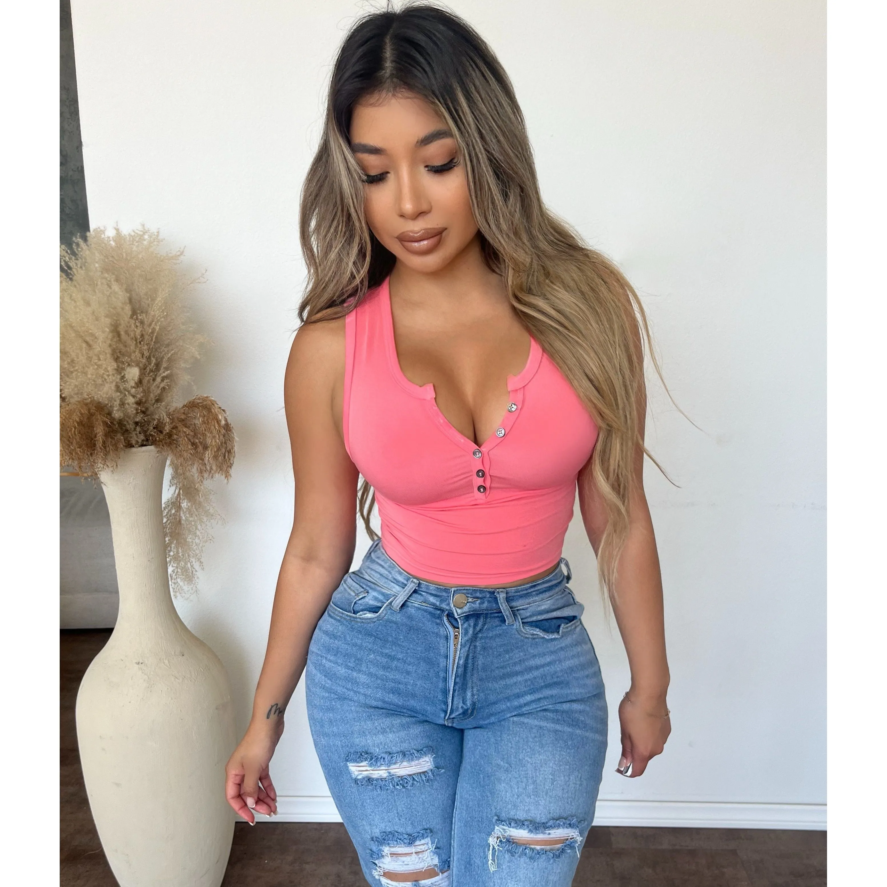 Bianca Henley Tank Top (Coral) sold by OOTDFash