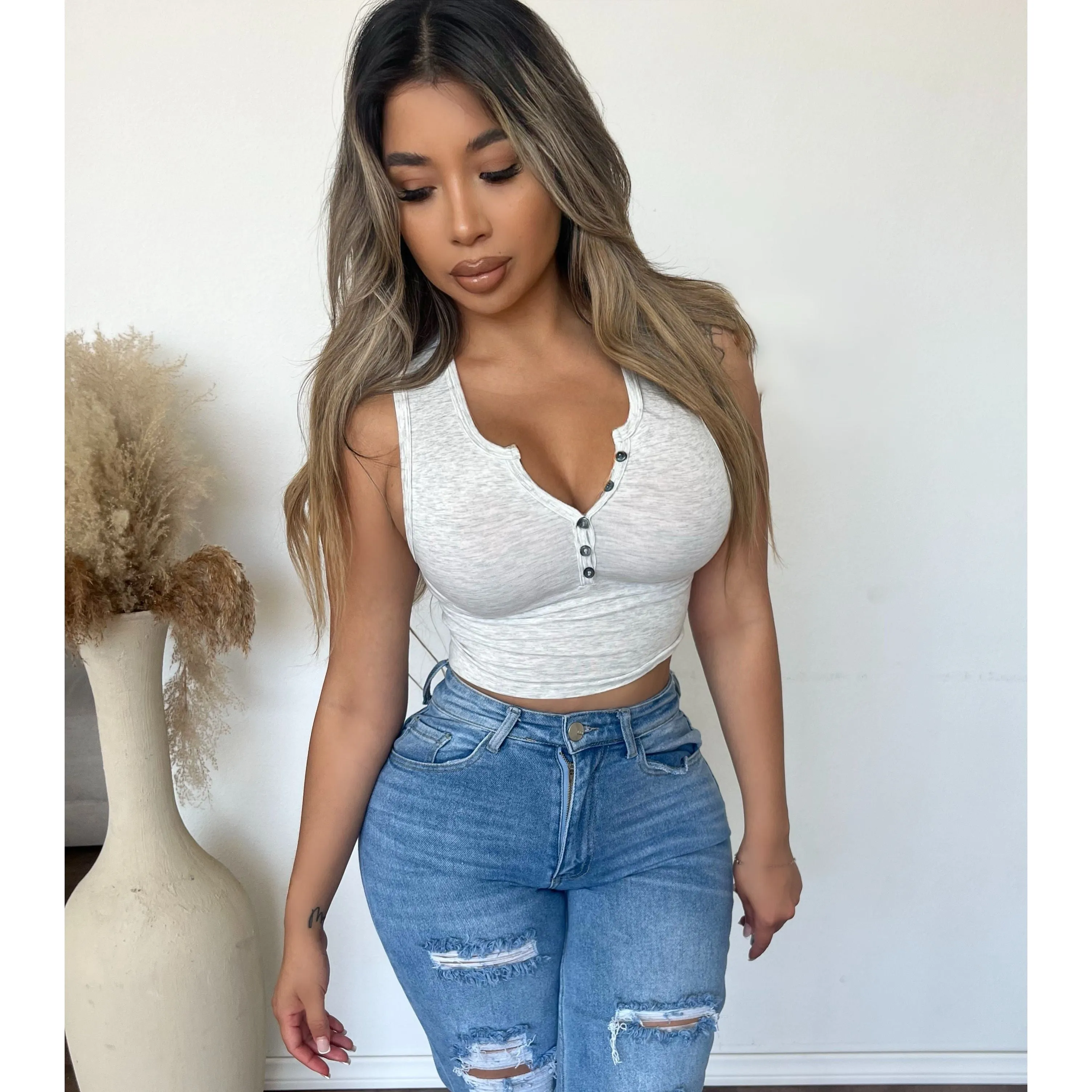 Bianca Henley Tank Top (Heather Grey) sold by OOTDFash