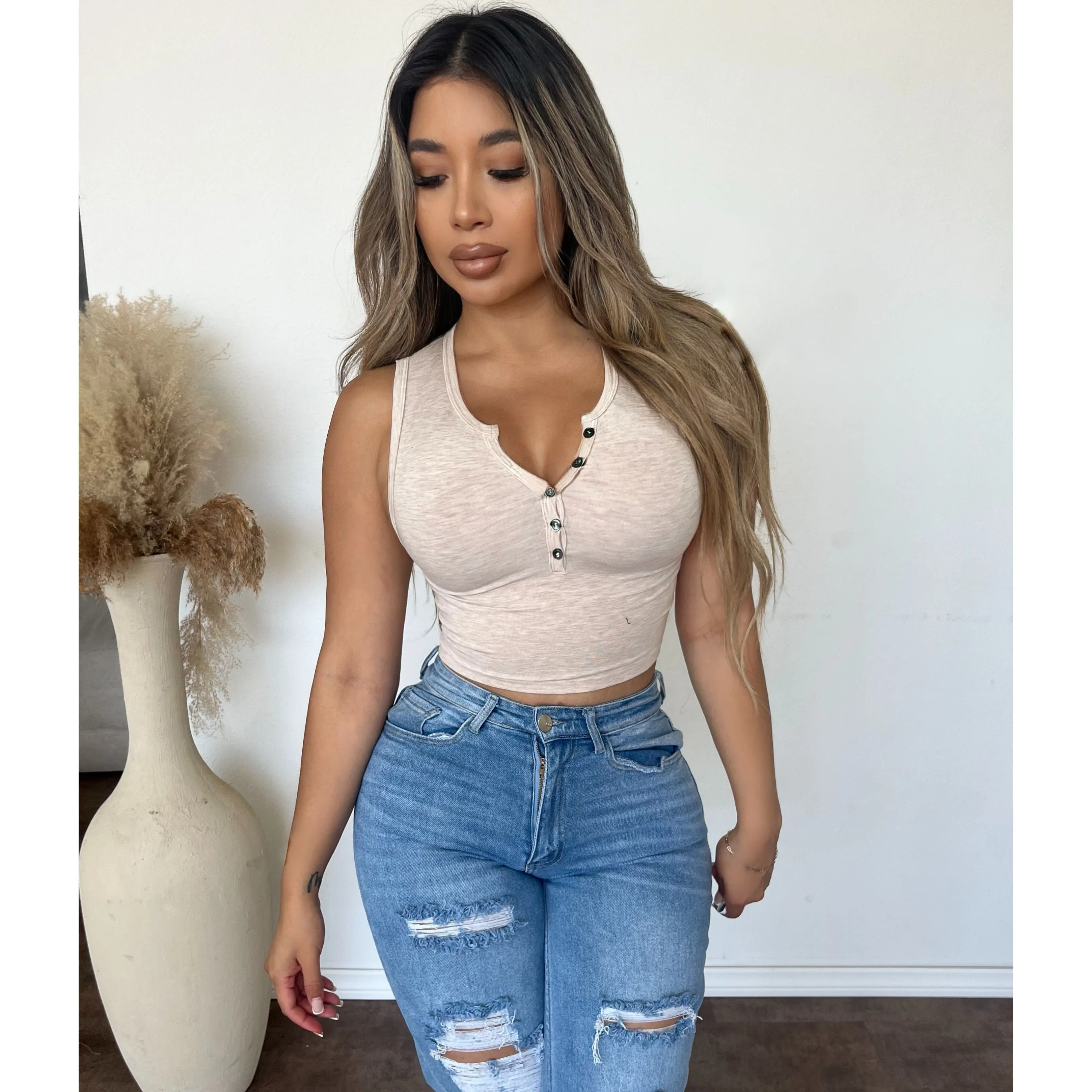 Bianca Henley Tank Top (Oatmeal) sold by OOTDFash