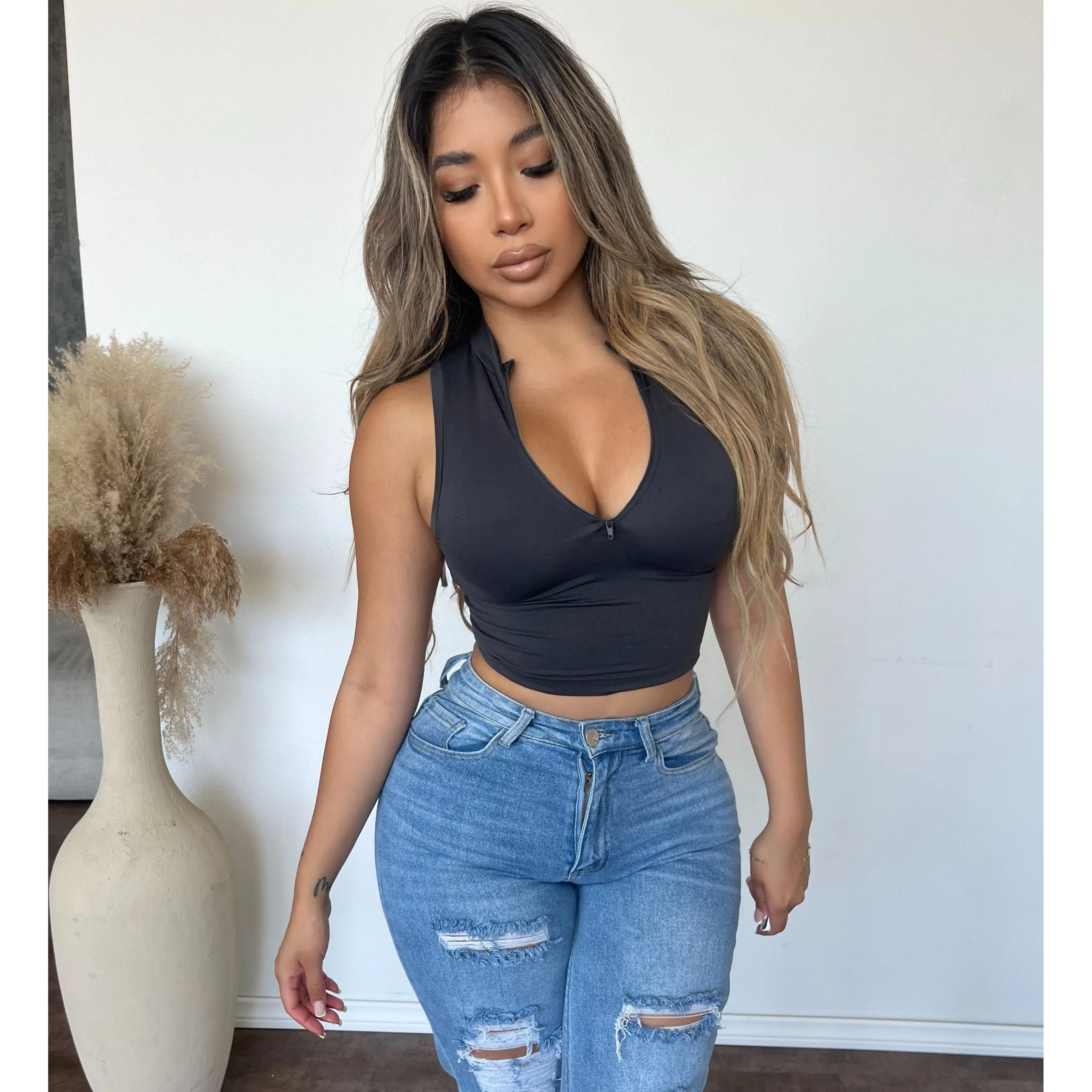 Anissa Soft Zipper Neck No Sleeves Top (Charcoal) sold by OOTDFash