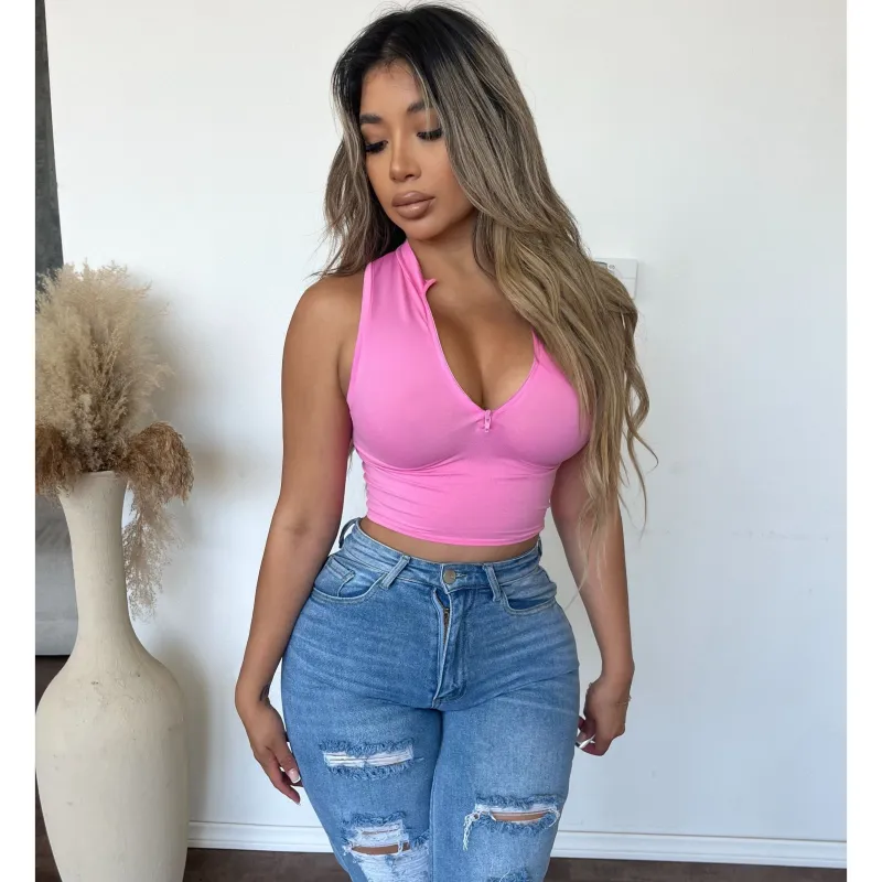 Anissa Soft Zipper Neck No Sleeves Top (Pink) sold by OOTDFash