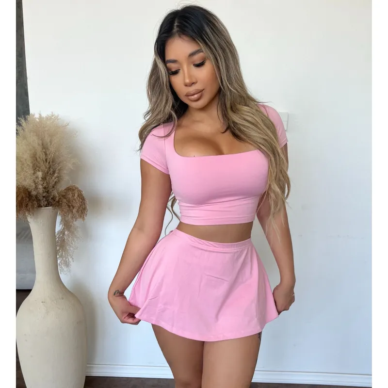 Corina Square Neck Crop Top & Skirt Set (Pink) sold by OOTDFash