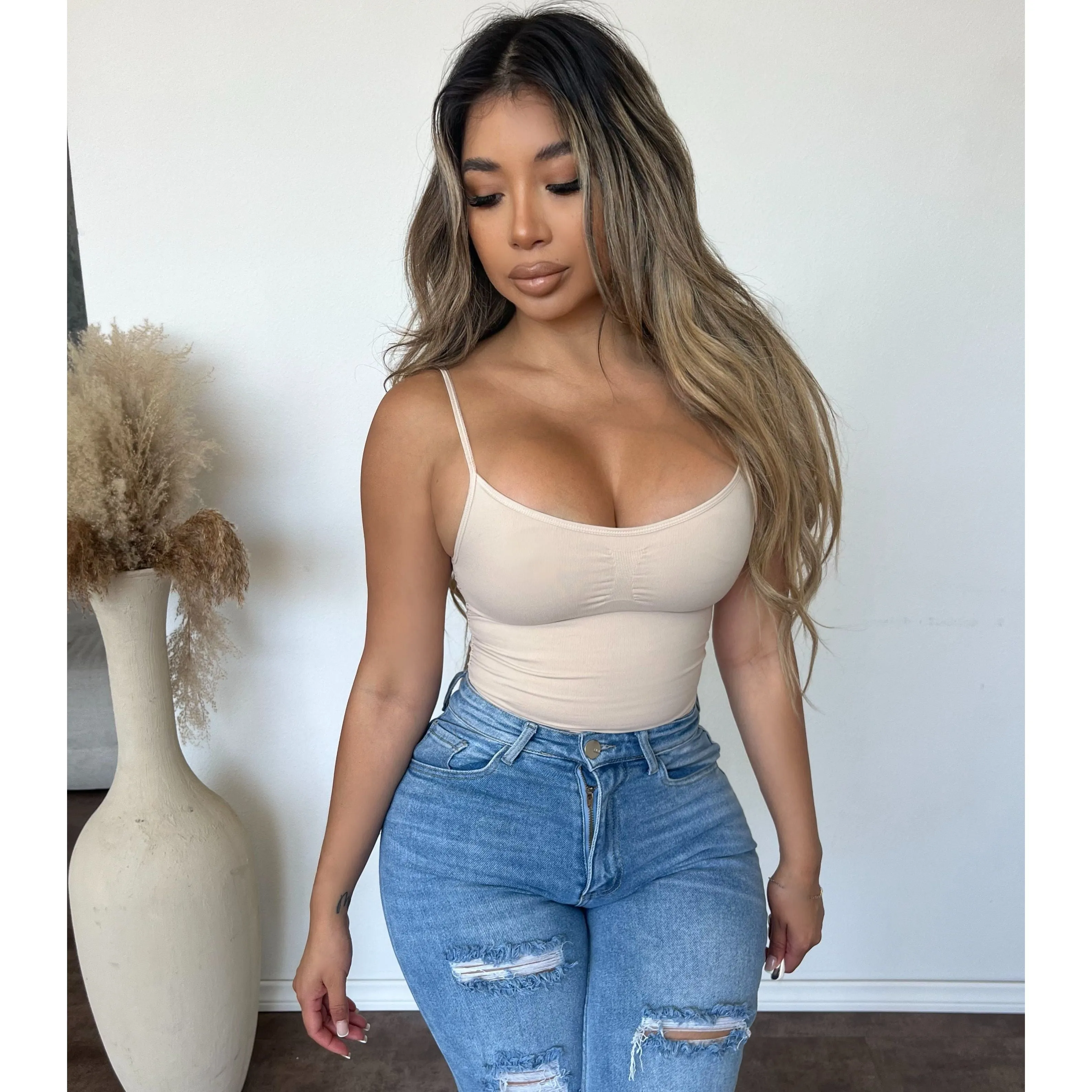 Emi Seamless Shirring Cami Top (Nude) sold by OOTDFash