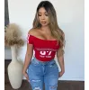 Andrea Off The Shoulder Graphic Crop Tee (Red) sold by OOTDFash