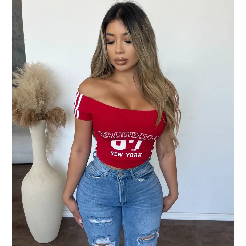Andrea Off The Shoulder Graphic Crop Tee (Red) sold by OOTDFash