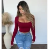 Kayana Square Neck Ribbed Long Sleeve Crop Top (Red Dahlia) sold by OOTDFash