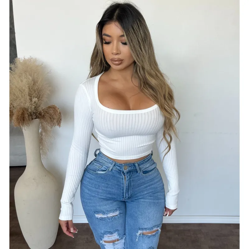 Kayana Square Neck Ribbed Long Sleeve Crop Top (Off White) sold by OOTDFash
