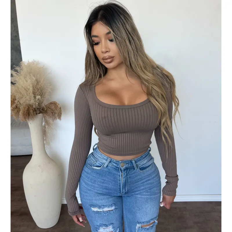 Kayana Square Neck Ribbed Long Sleeve Crop Top (Coco) sold by OOTDFash