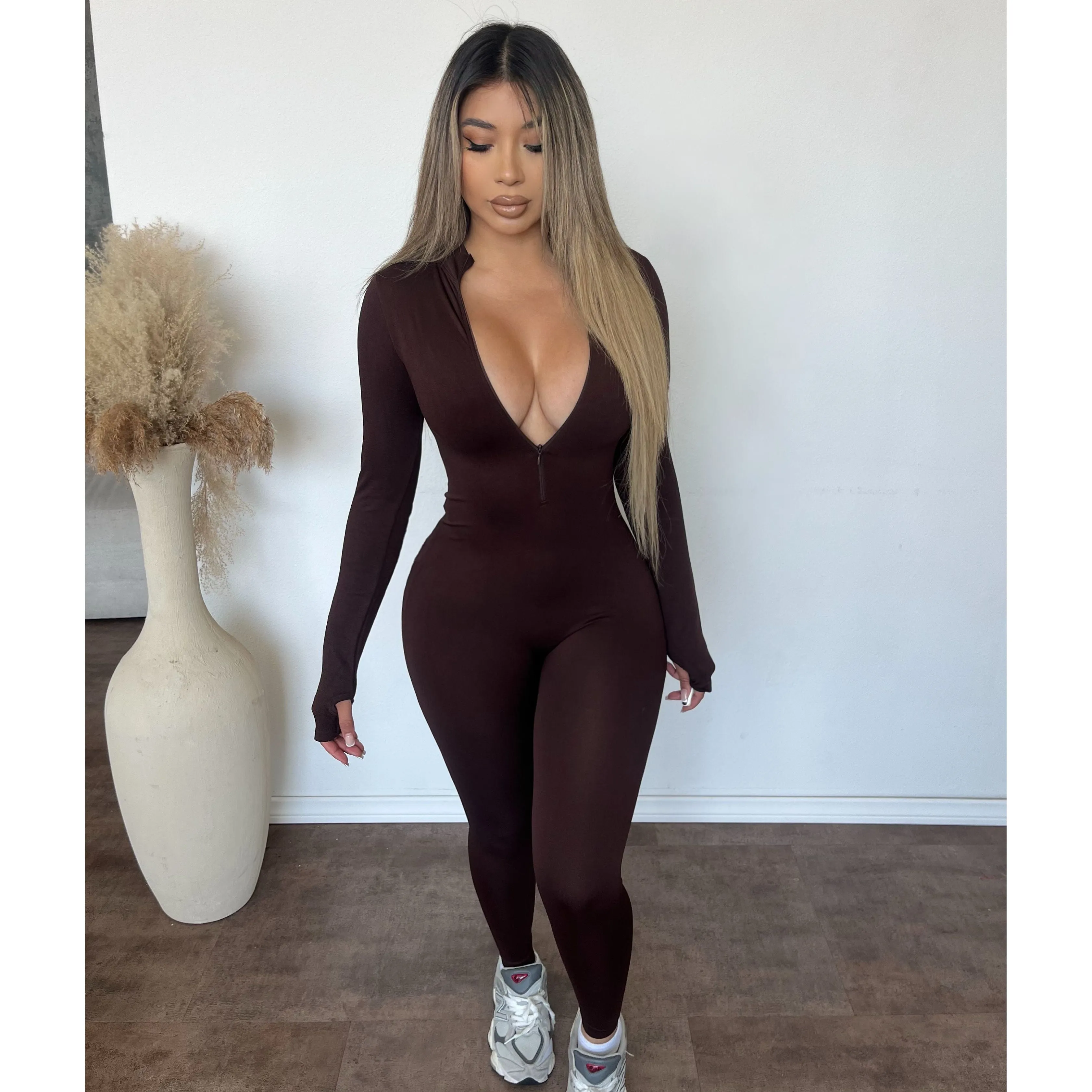 Selena Mock Neck Long Sleeve Catsuit (Brownie) sold by OOTDFash