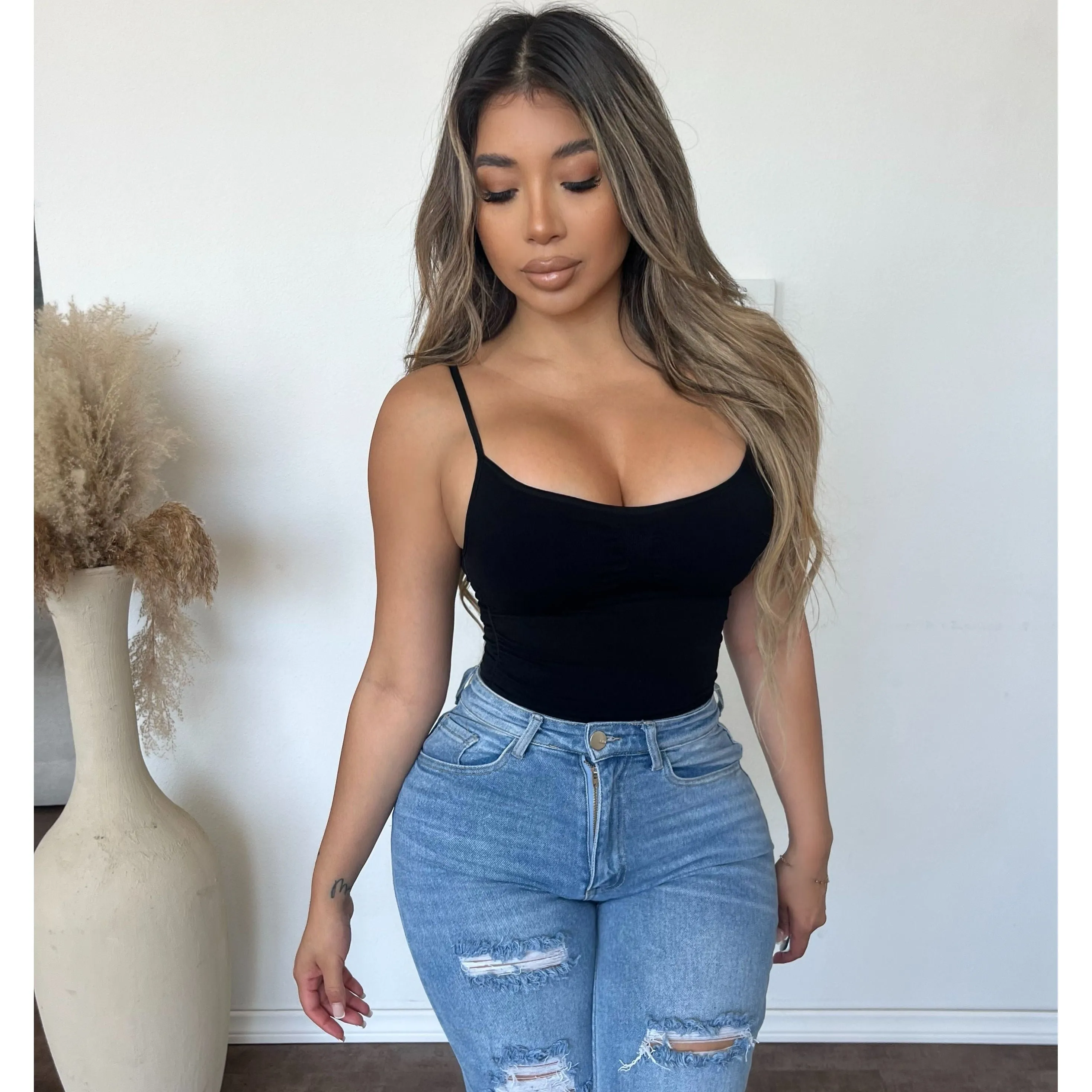 Emi Seamless Shirring Cami Top (Black) sold by OOTDFash