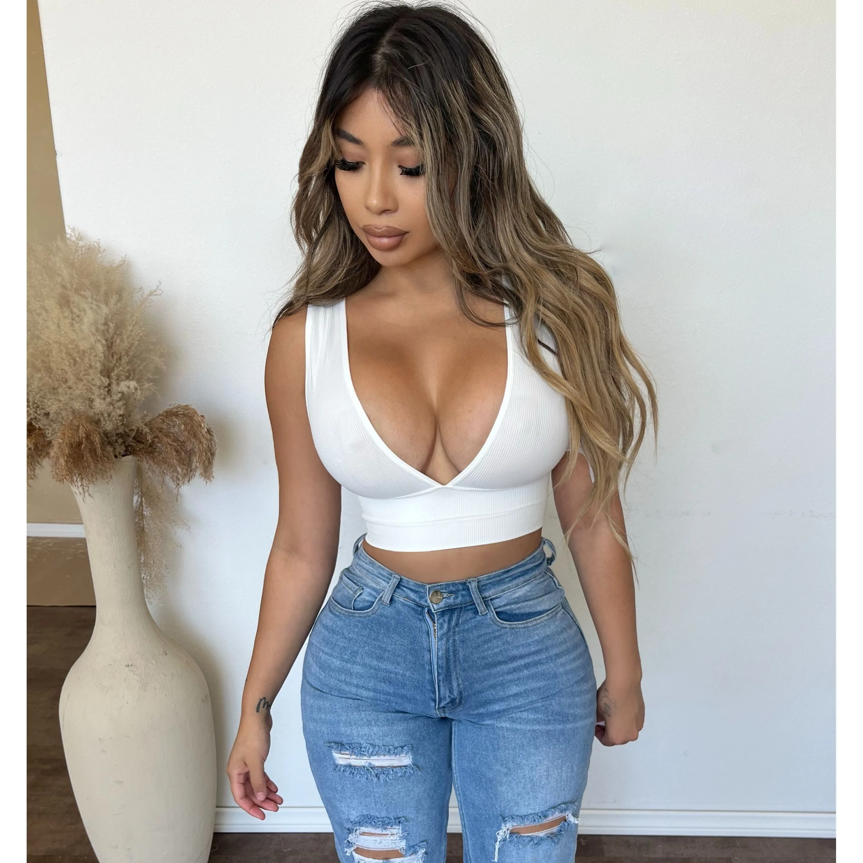 Amanda Deep V Neck Low Back Sleeveless Top (White) sold by OOTDFash