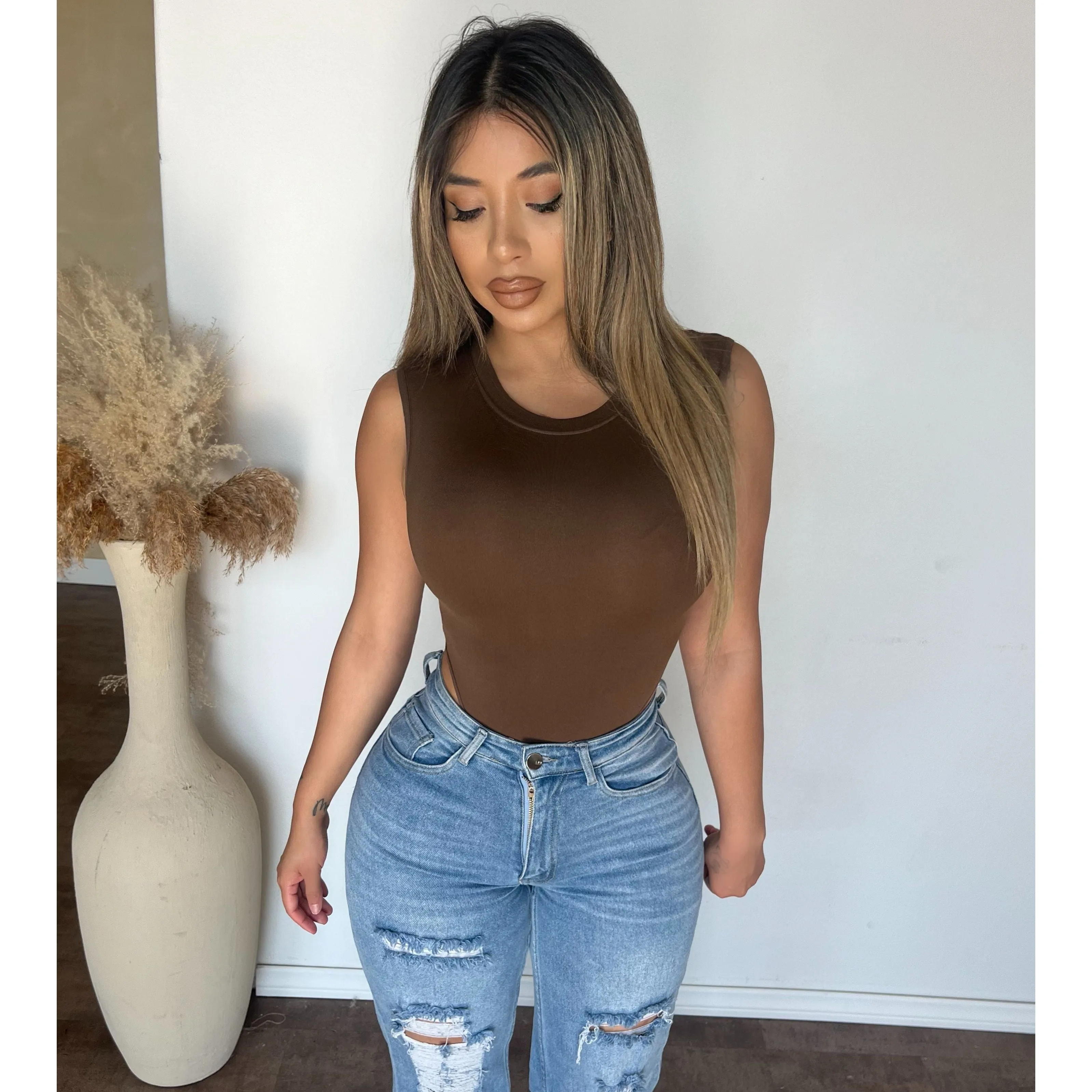 Angelica Neck Rib Bodysuit (Brownie) sold by OOTDFash