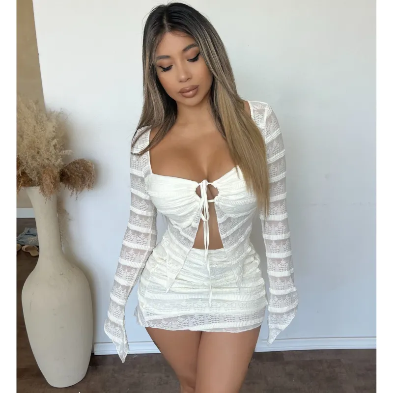 Paulina Long Sleeve Blouse W Low Skirt Set (Ivory) sold by OOTDFash