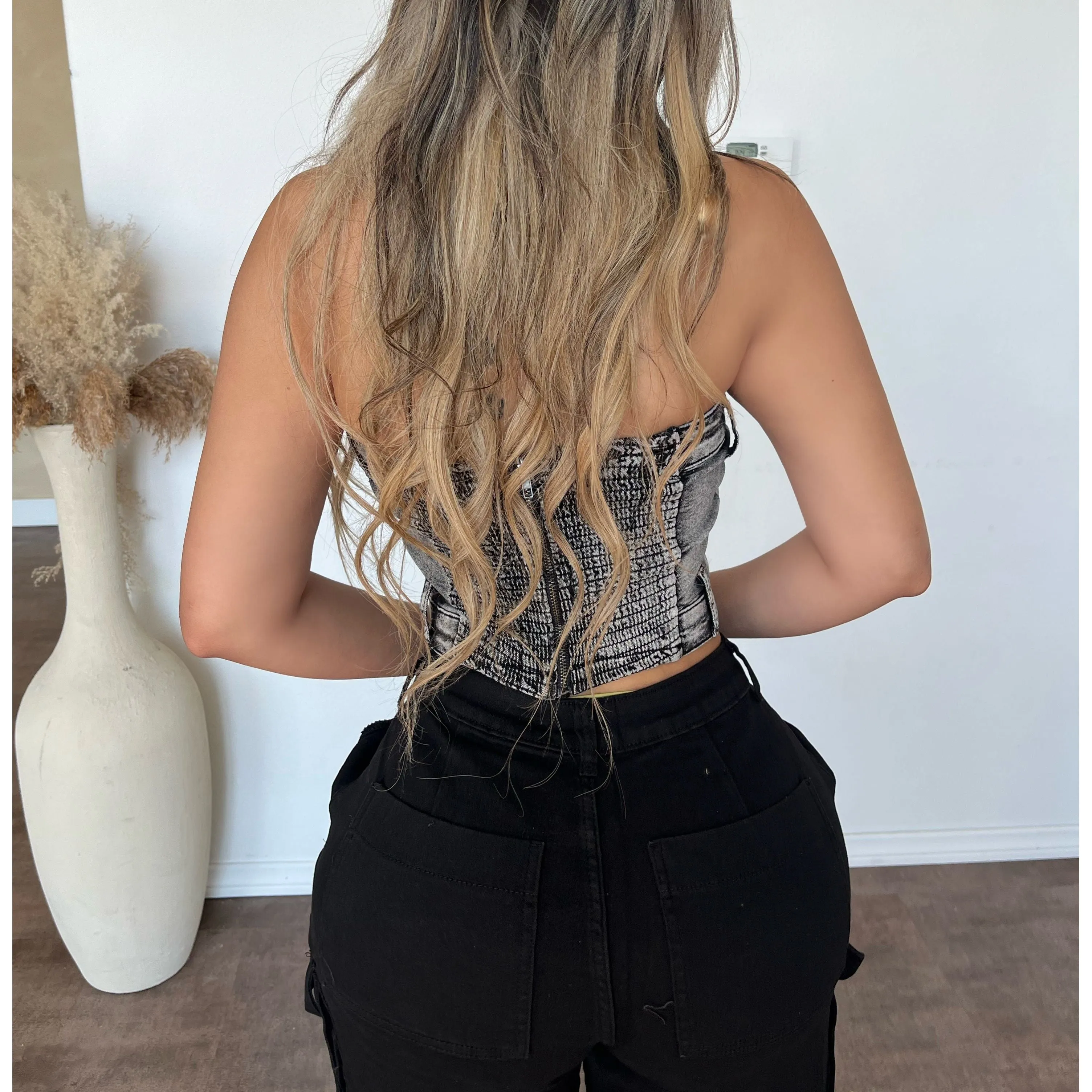 Jessica Stretch Zip Up Back Crop Top (Grey Multi) sold by OOTDFash product image thumbnail 2