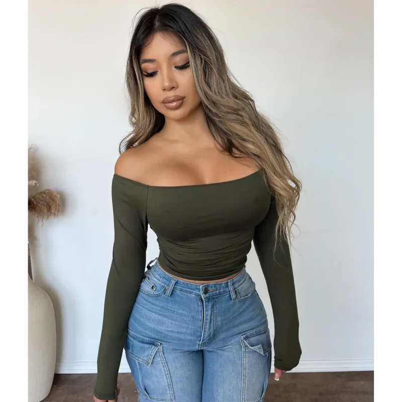 Nelly Long Sleeve Off Shoulder Top (Olive) sold by OOTDFash