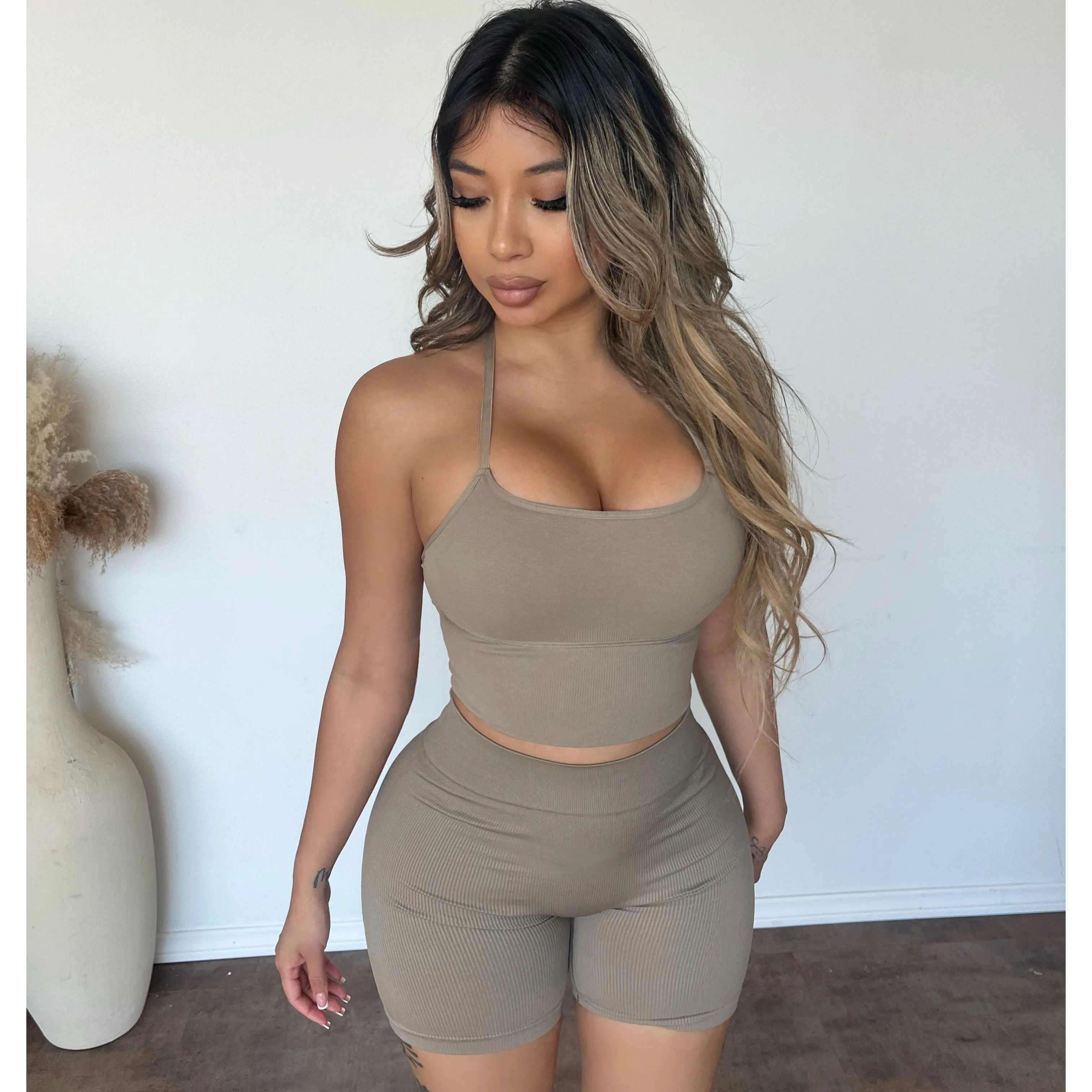 Jayleen Seamless Bra Top & Biker Shorts (Mushroom) sold by OOTDFash