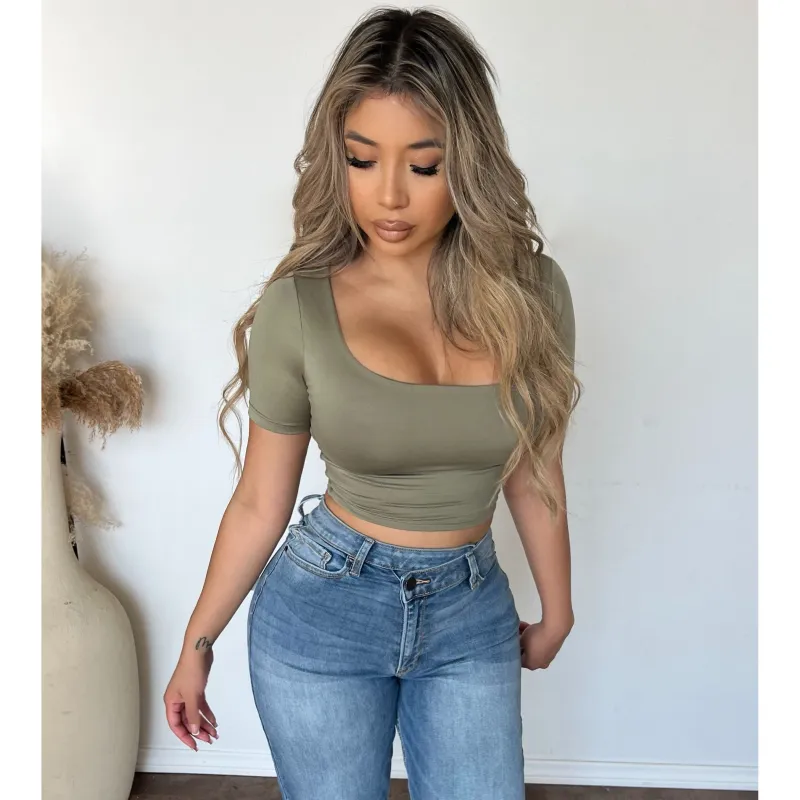 Amber Short Sleeve Crop Top (Olive) sold by OOTDFash
