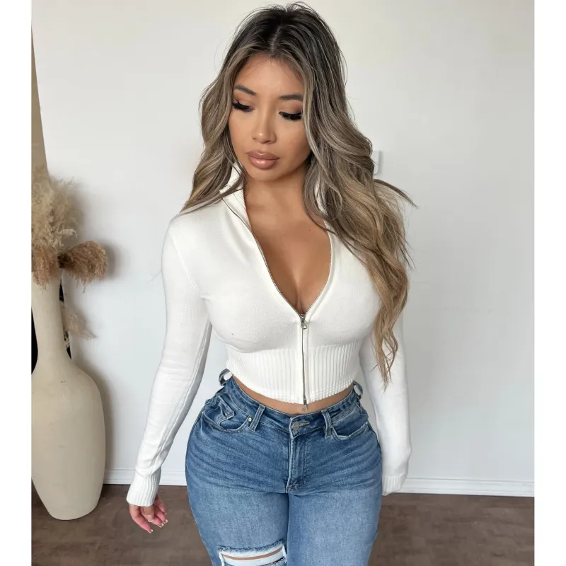 Giselle Mock Neck Knit Zip Up (Ivory) sold by OOTDFash