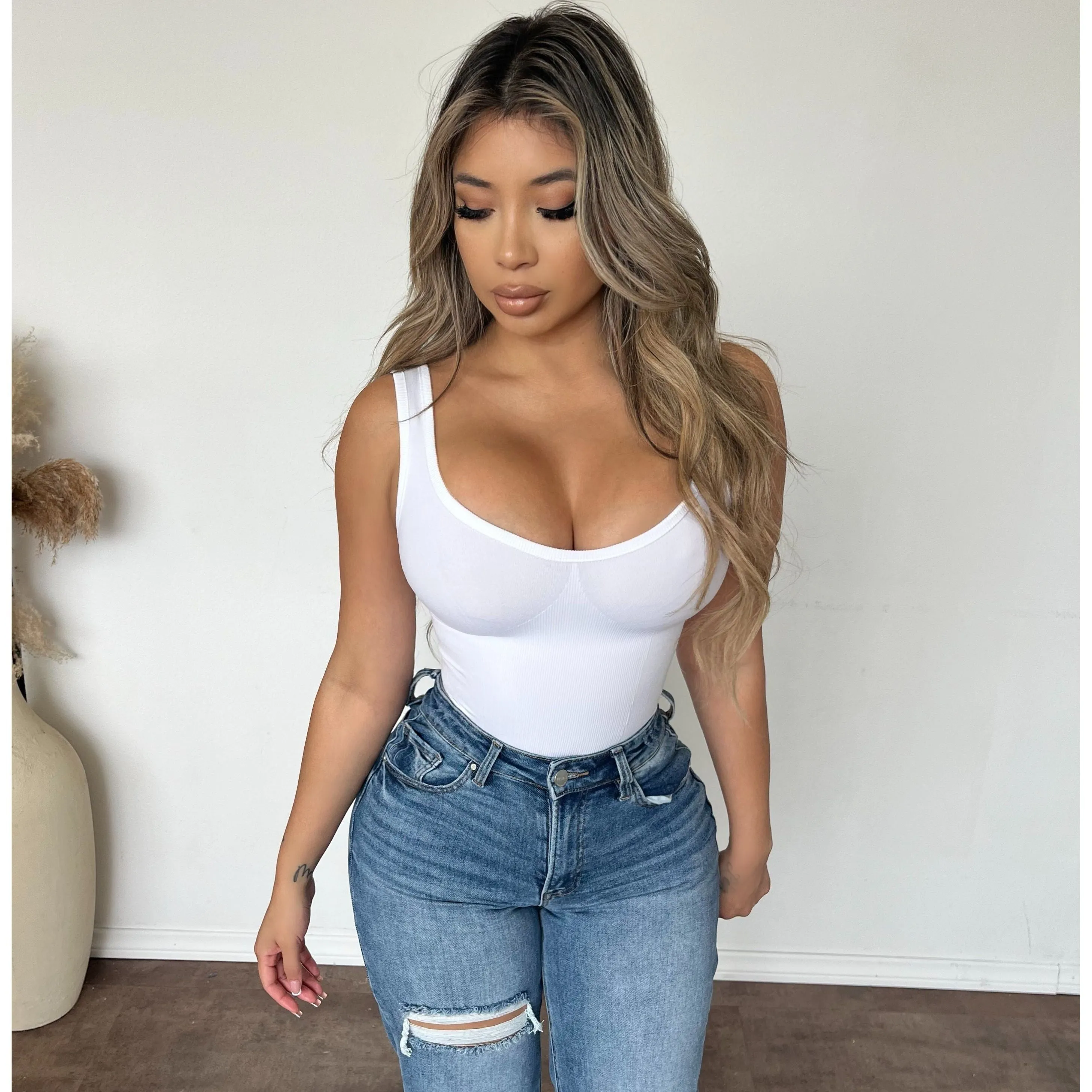 Madilyn Sleeveless BodySuits (White) sold by OOTDFash