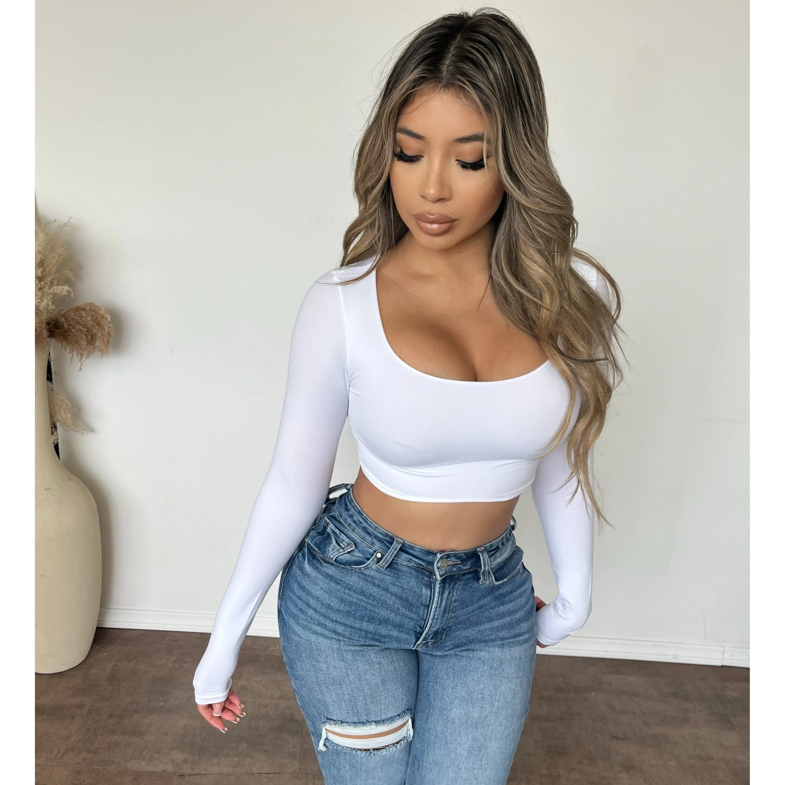 Kayte Crew Neck Long Sleeve Top (White) sold by OOTDFash