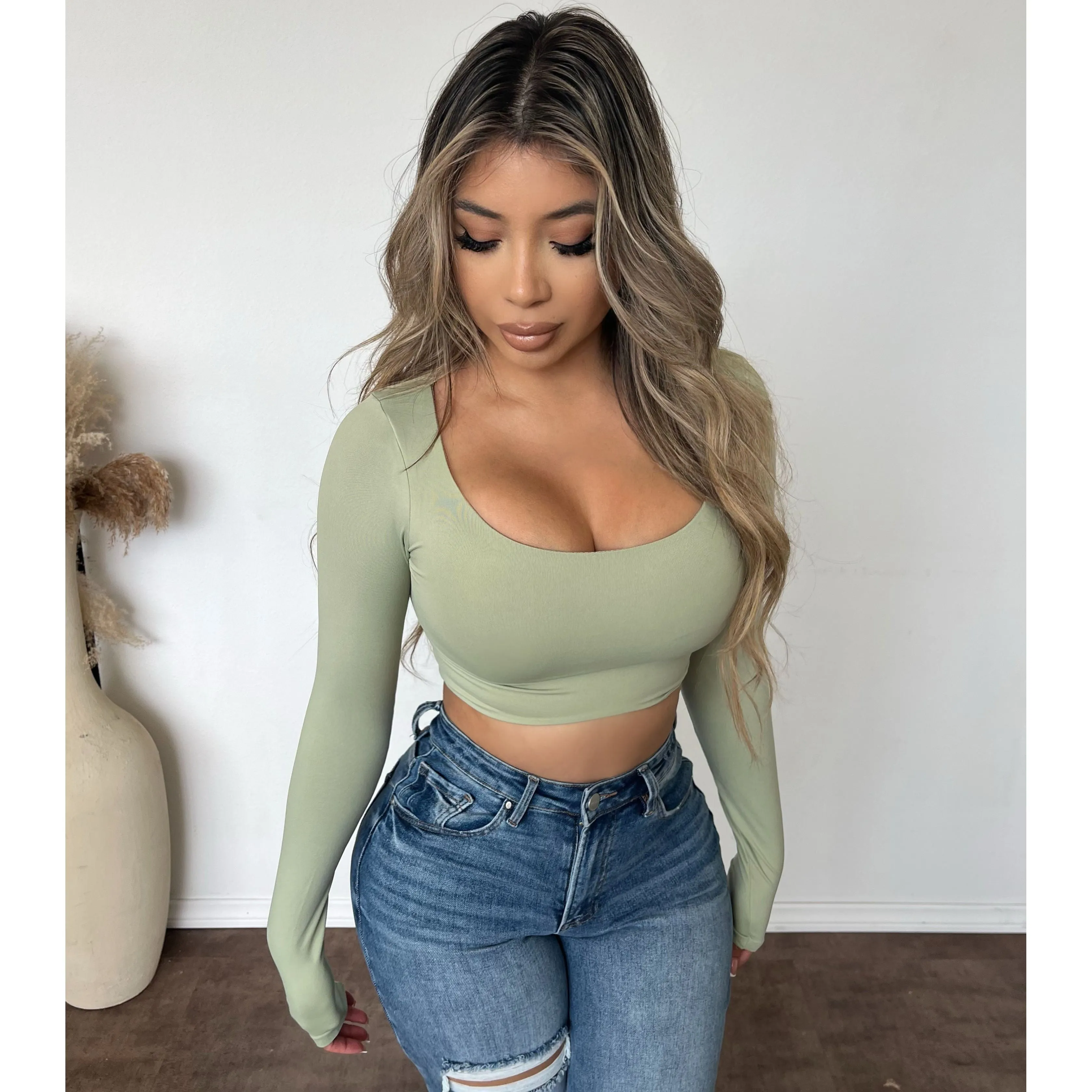 Kayte Crew Neck Long Sleeve Top (Olive) sold by OOTDFash