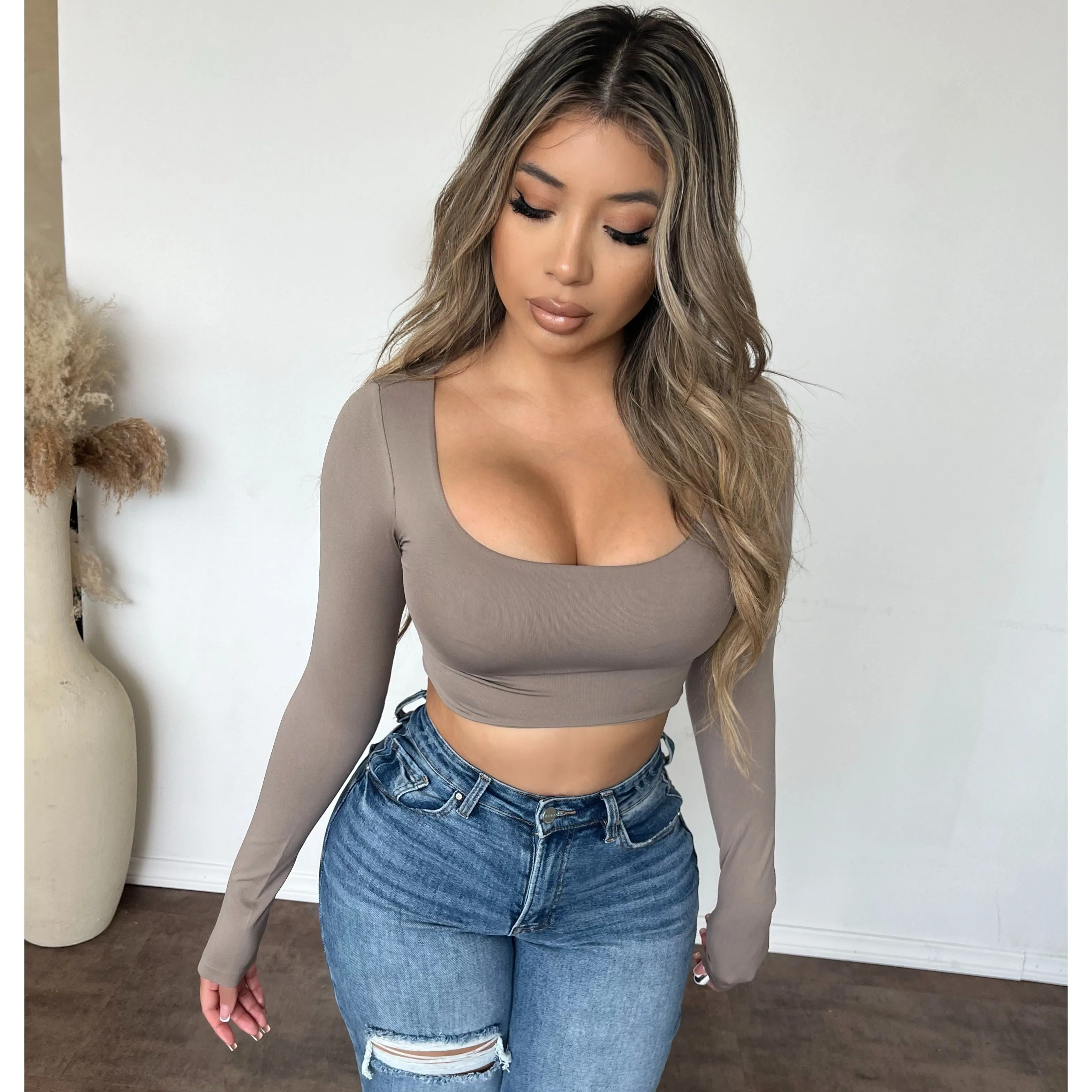 Kayte Crew Neck Long Sleeve Top (Ash) sold by OOTDFash