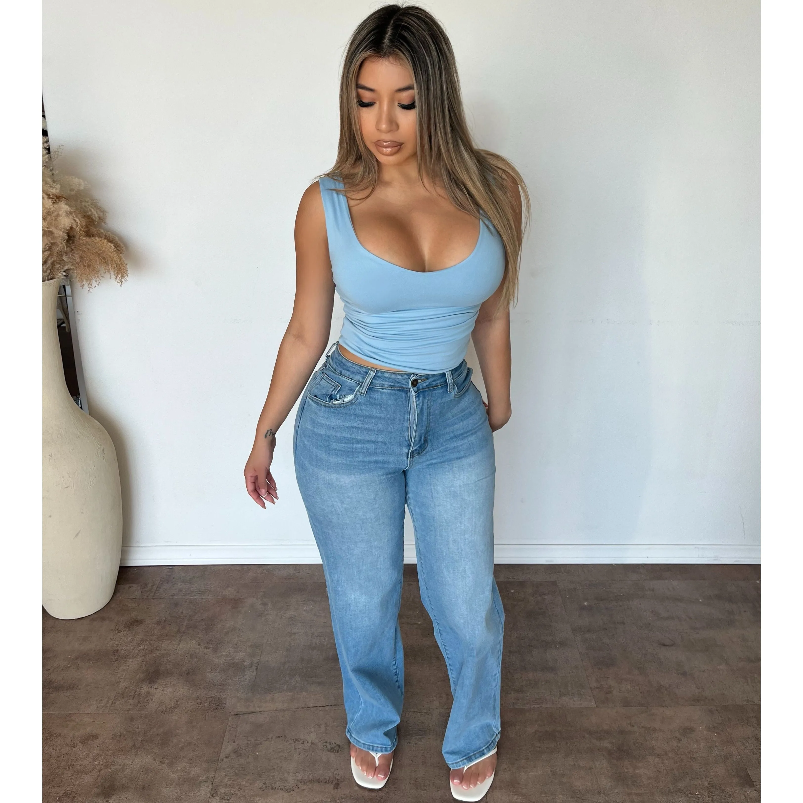 Larry Wide Leg High Rise Jeans (Light Blue) sold by OOTDFash