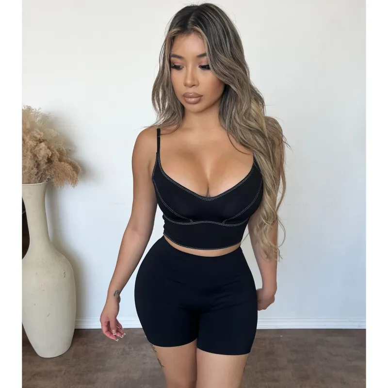 Stacy Stitch Print Detail V Neck Cami Top (Black) sold by OOTDFash