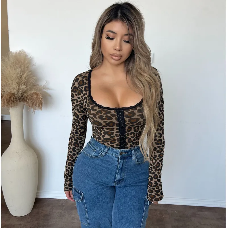 Celina Lace Long SLV Top (Leopard) sold by OOTDFash