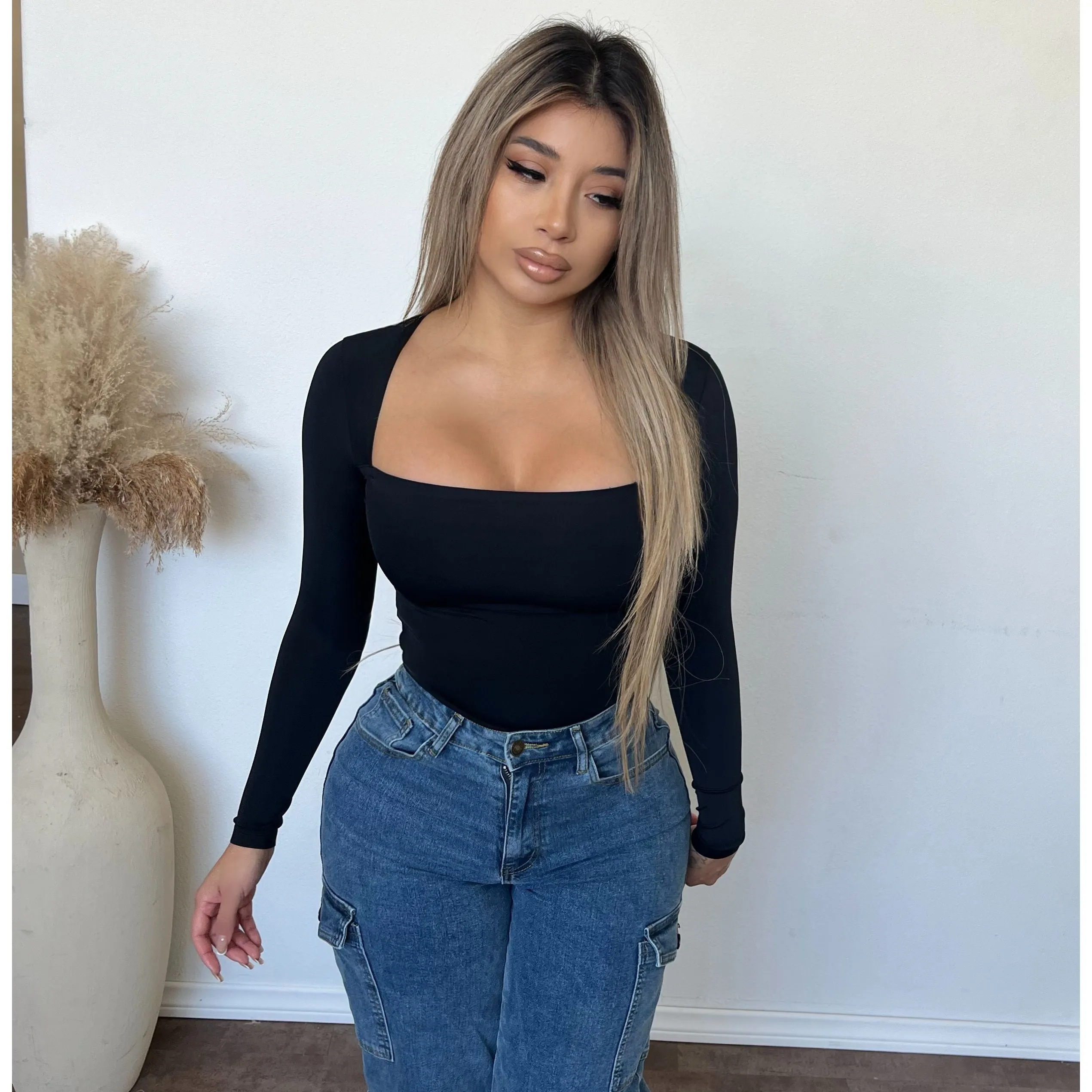 Anayla Square Neck Long Slv Top (Black) sold by OOTDFash