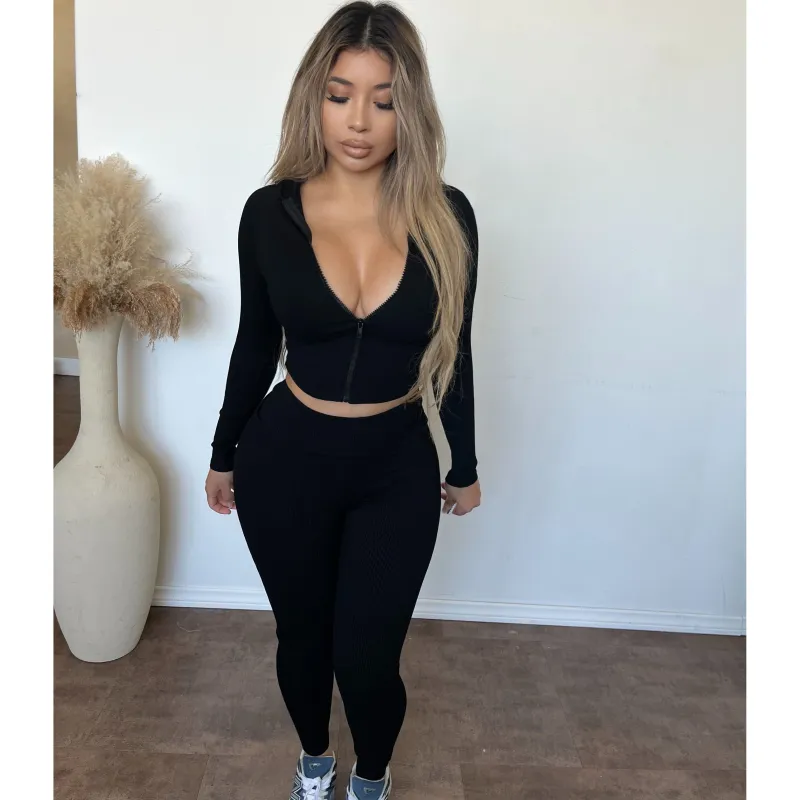 Bianca Snatched Zip Up Hoodie W Matching Leggings (Black) sold by OOTDFash