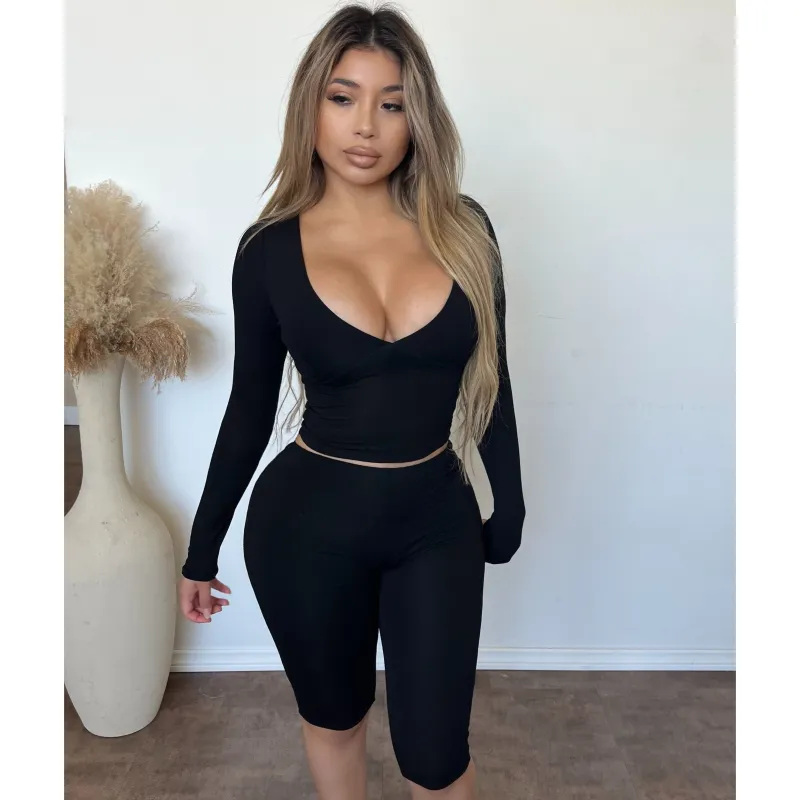 Celina Snatched Matching Set Long Sleeve Top (Black) sold by OOTDFash